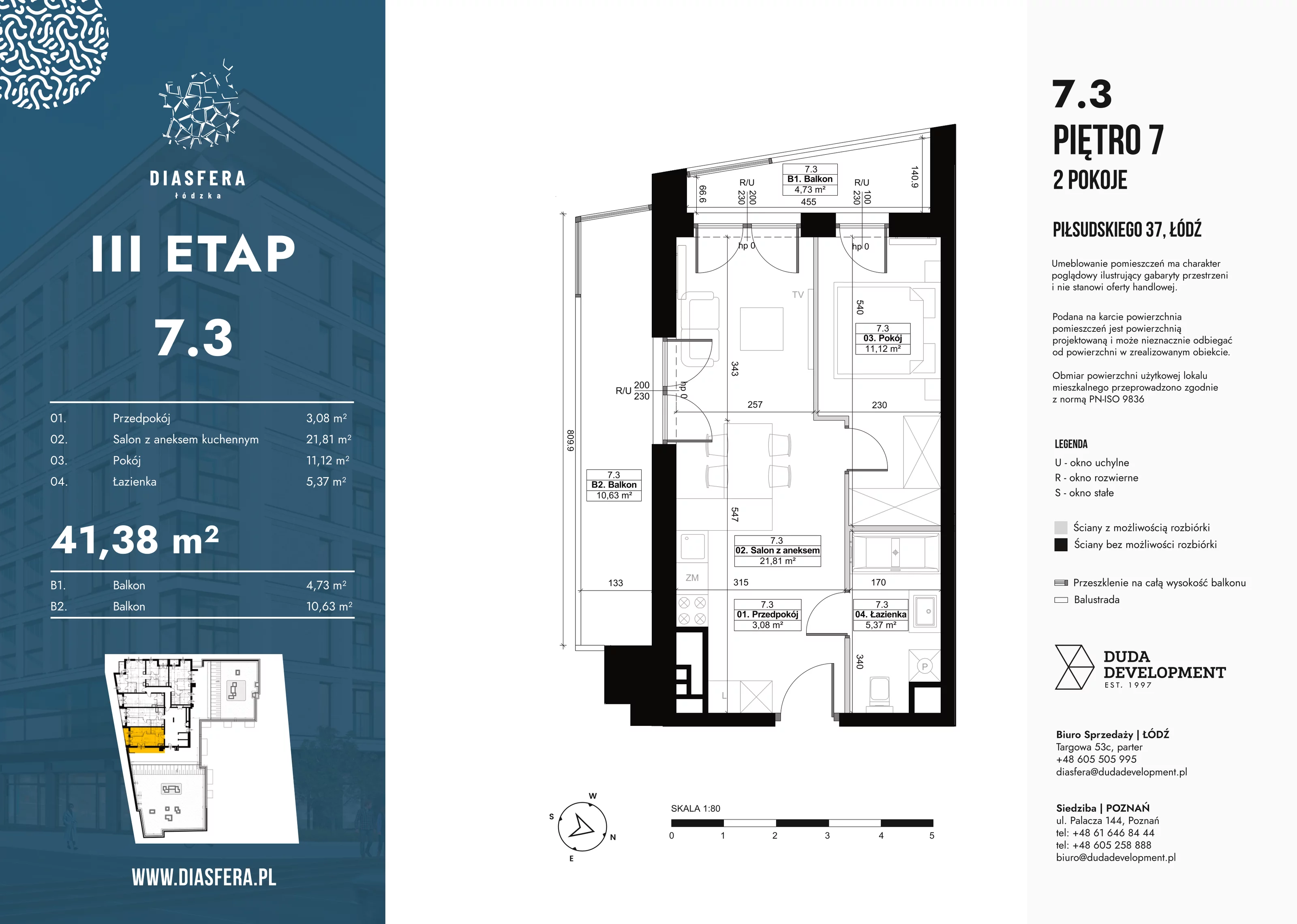 Mieszkanie 41,38 m², piętro 7, oferta nr 7_3, Diasfera III, Łódź, Śródmieście, al. Piłsudskiego 37