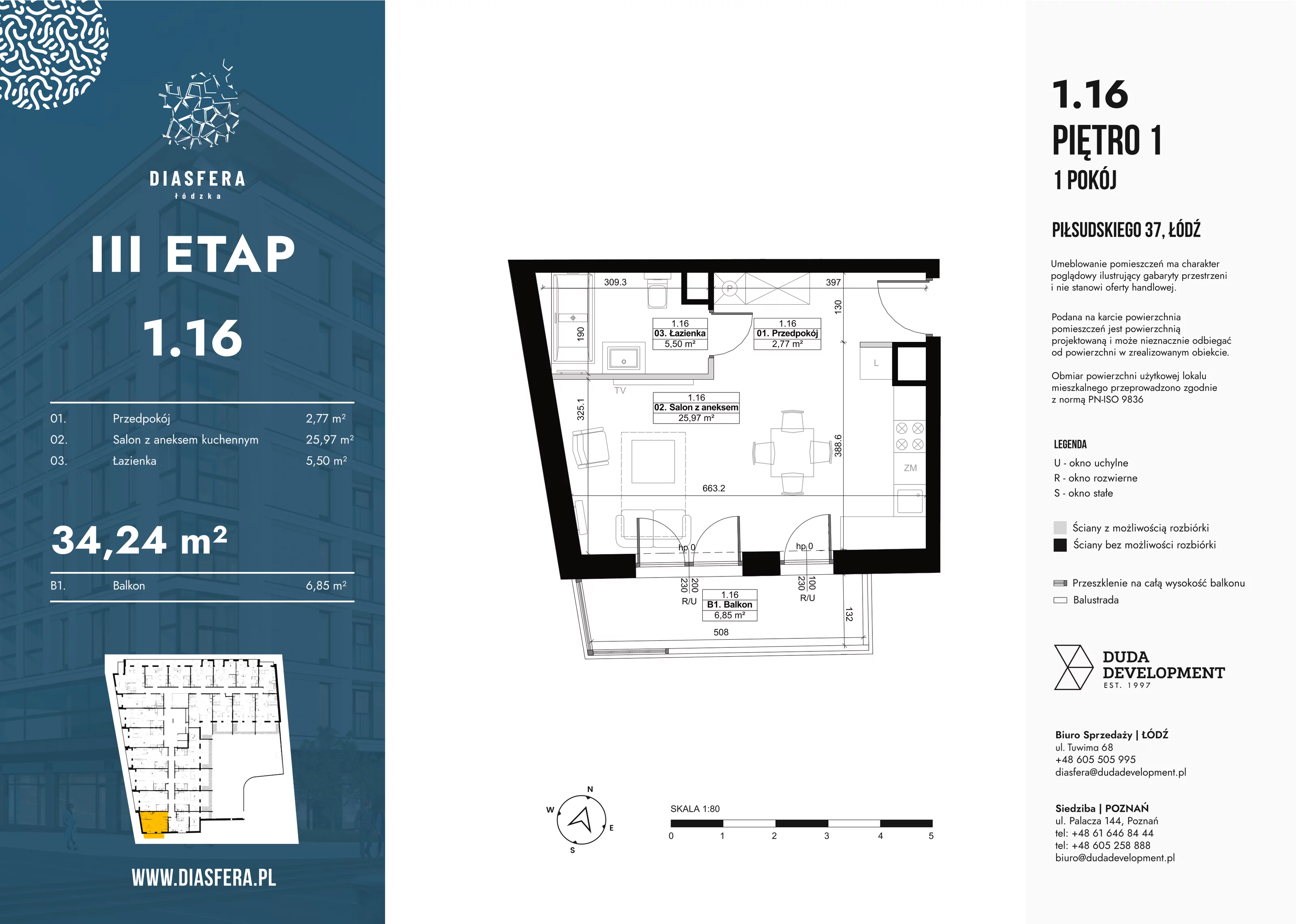 1 pokój, mieszkanie 34,24 m², piętro 1, oferta nr 1_16, Diasfera III, Łódź, Śródmieście, al. Piłsudskiego 37