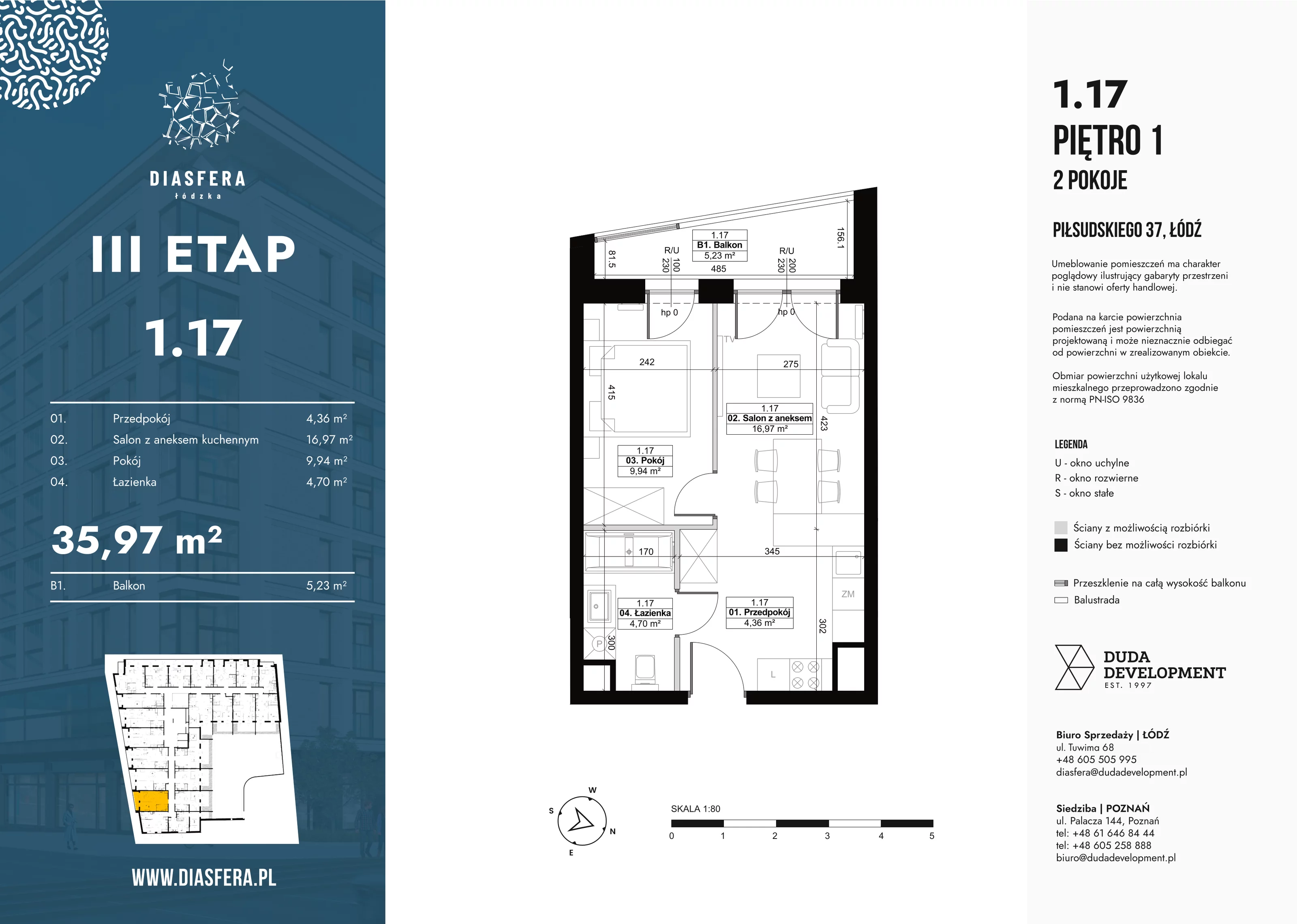 2 pokoje, mieszkanie 35,97 m², piętro 1, oferta nr 1_17, Diasfera III, Łódź, Śródmieście, al. Piłsudskiego 37
