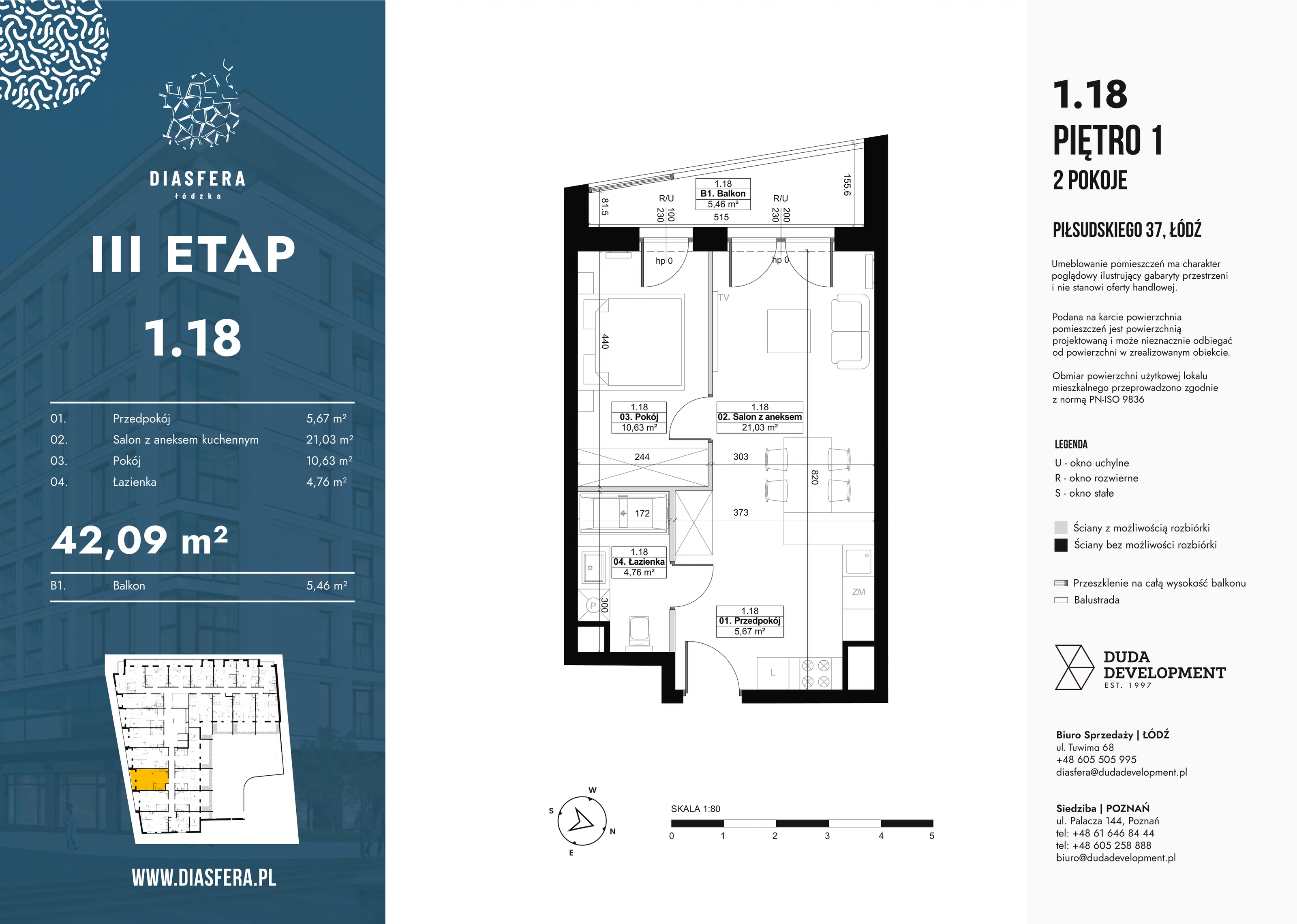 2 pokoje, mieszkanie 42,09 m², piętro 1, oferta nr 1_18, Diasfera III, Łódź, Śródmieście, al. Piłsudskiego 37