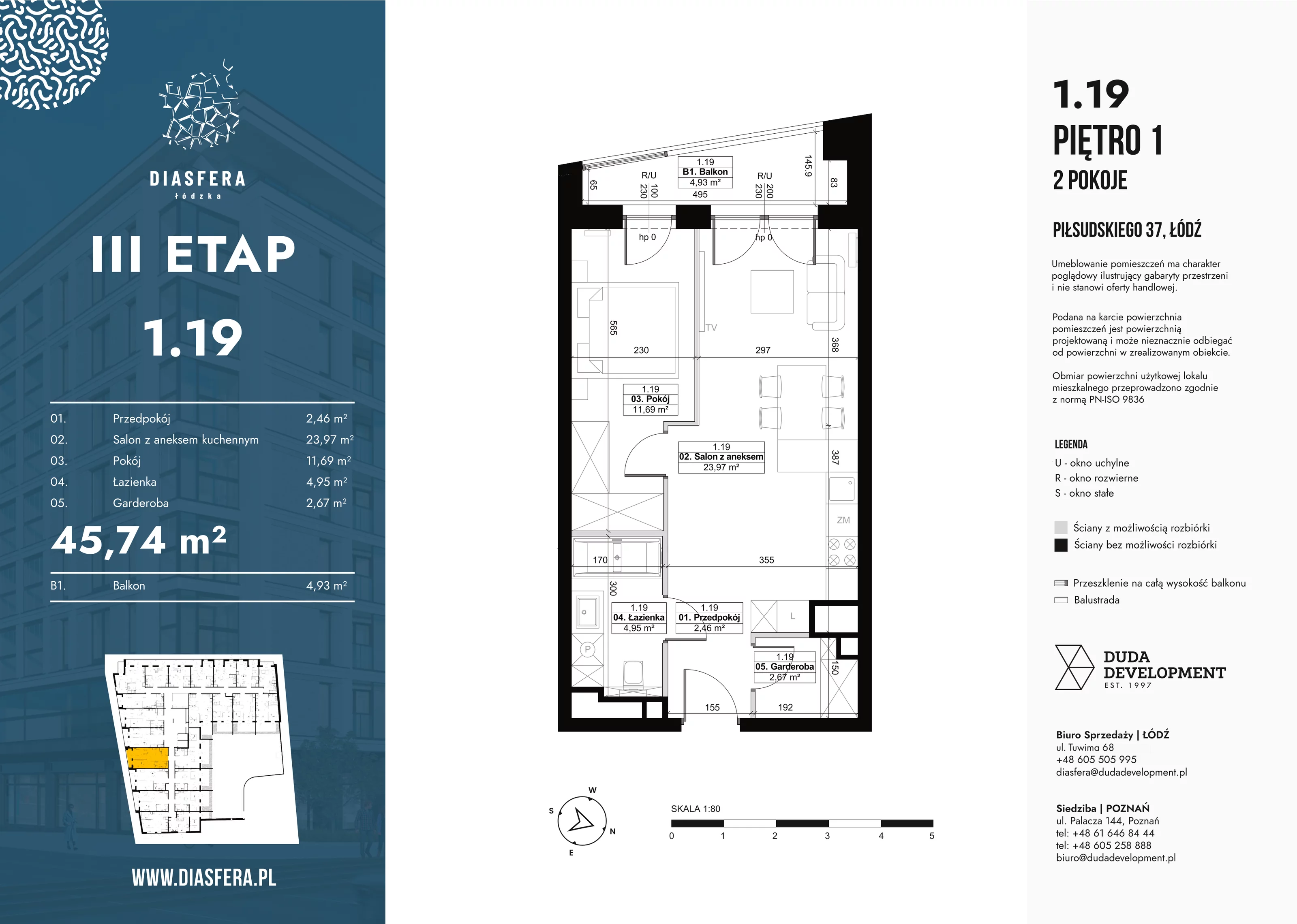 2 pokoje, mieszkanie 45,74 m², piętro 1, oferta nr 1_19, Diasfera III, Łódź, Śródmieście, al. Piłsudskiego 37