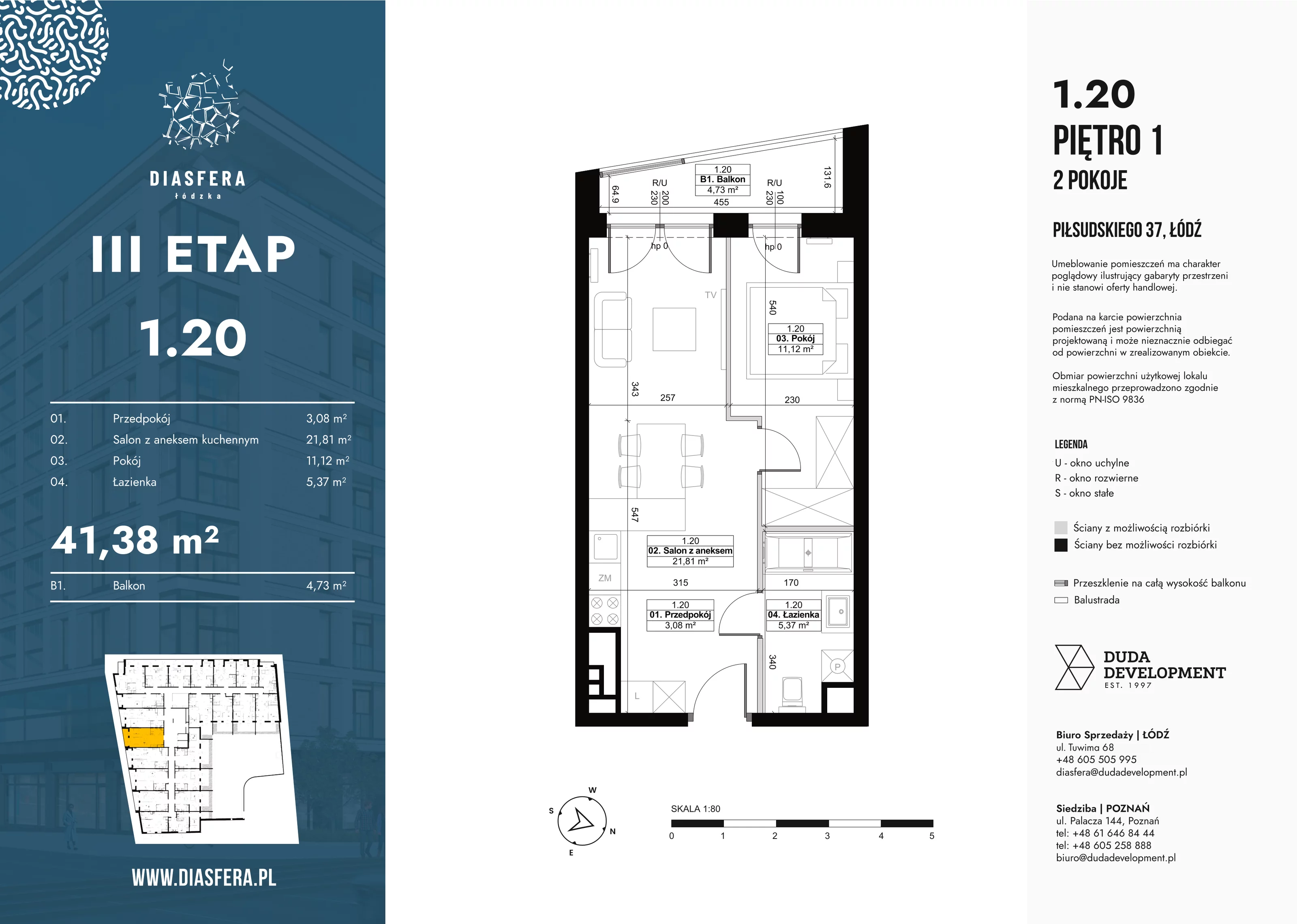 2 pokoje, mieszkanie 41,38 m², piętro 1, oferta nr 1_20, Diasfera III, Łódź, Śródmieście, al. Piłsudskiego 37