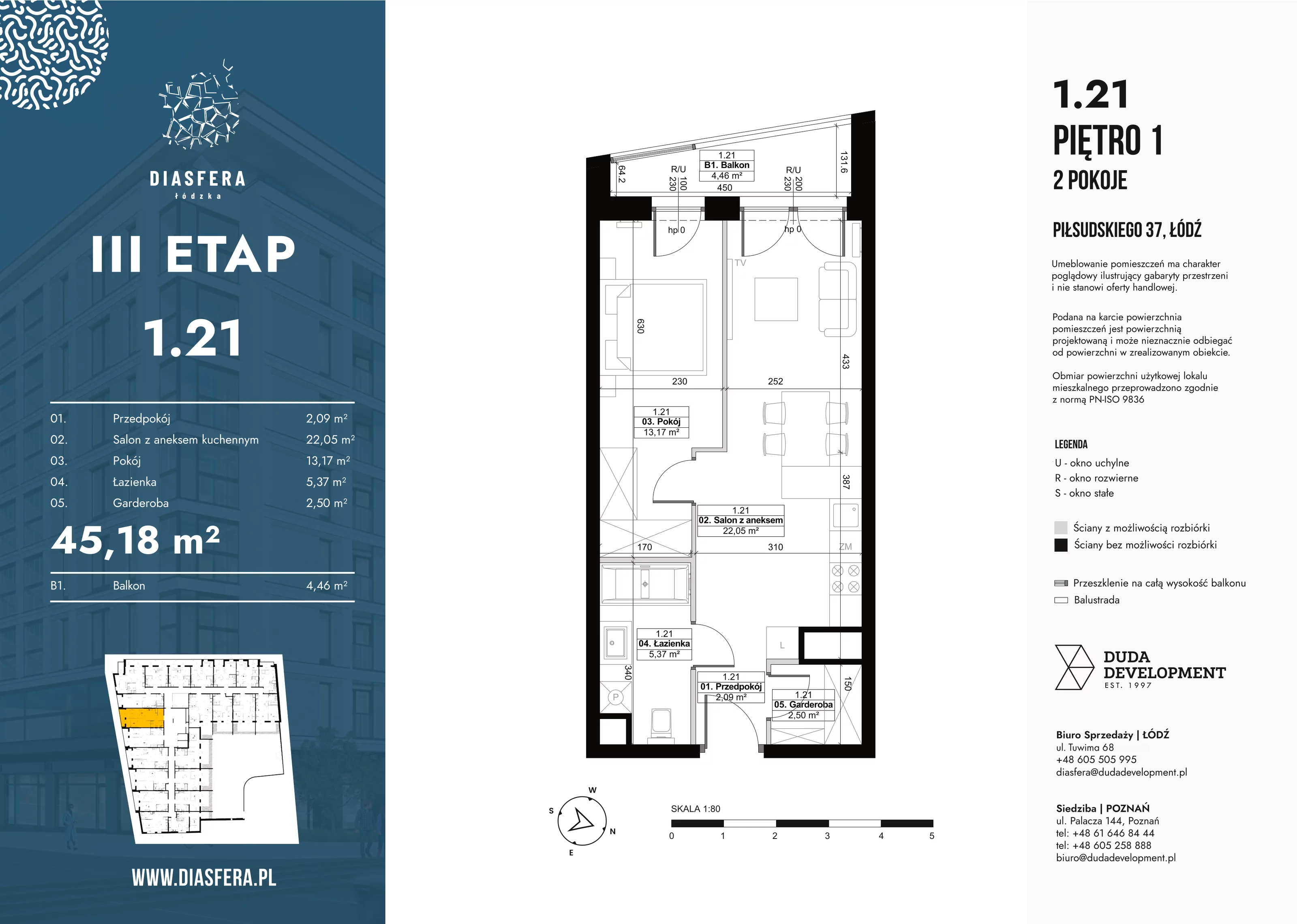 2 pokoje, mieszkanie 45,18 m², piętro 1, oferta nr 1_21, Diasfera III, Łódź, Śródmieście, al. Piłsudskiego 37