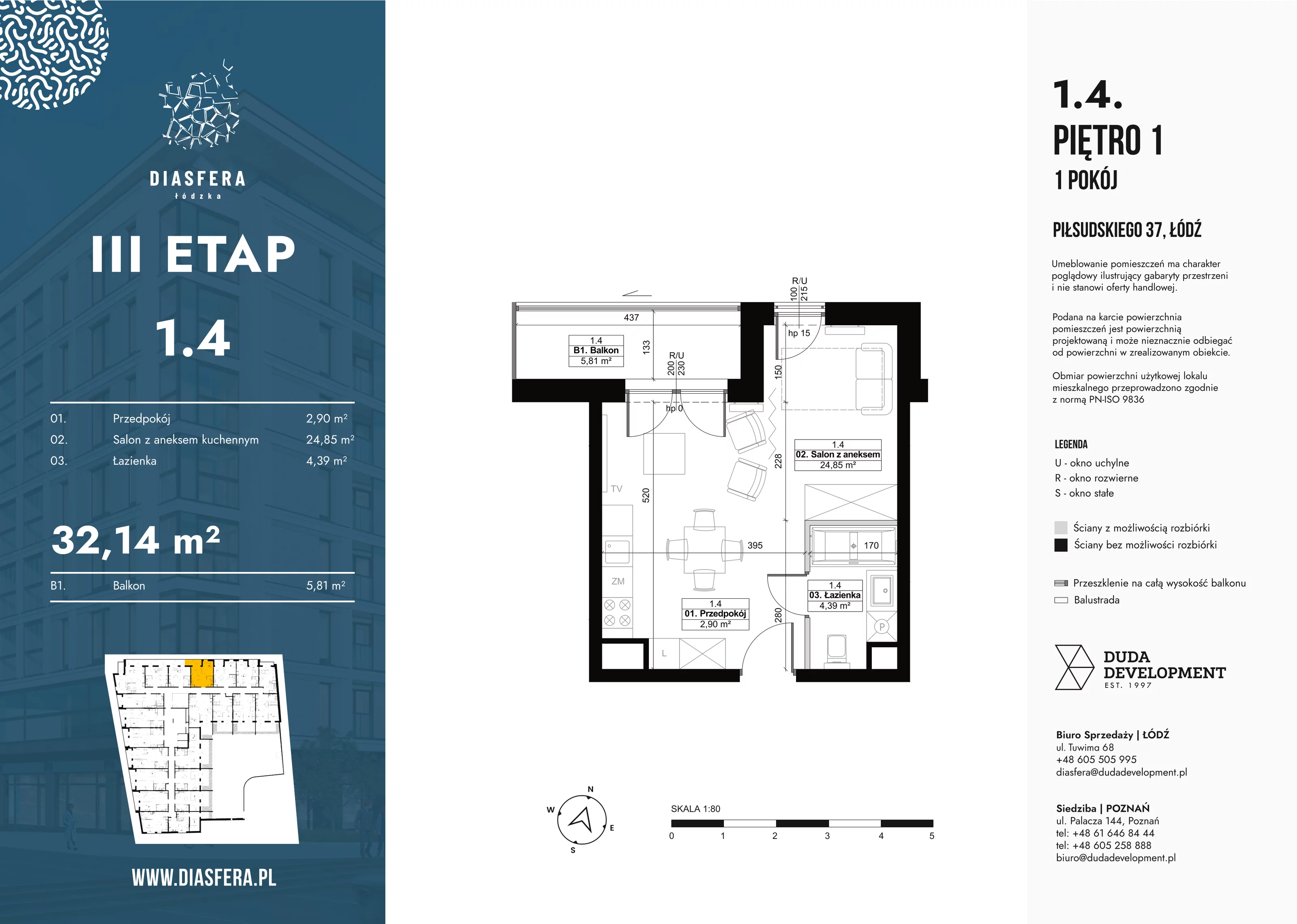 1 pokój, mieszkanie 32,14 m², piętro 1, oferta nr 1_4, Diasfera III, Łódź, Śródmieście, al. Piłsudskiego 37