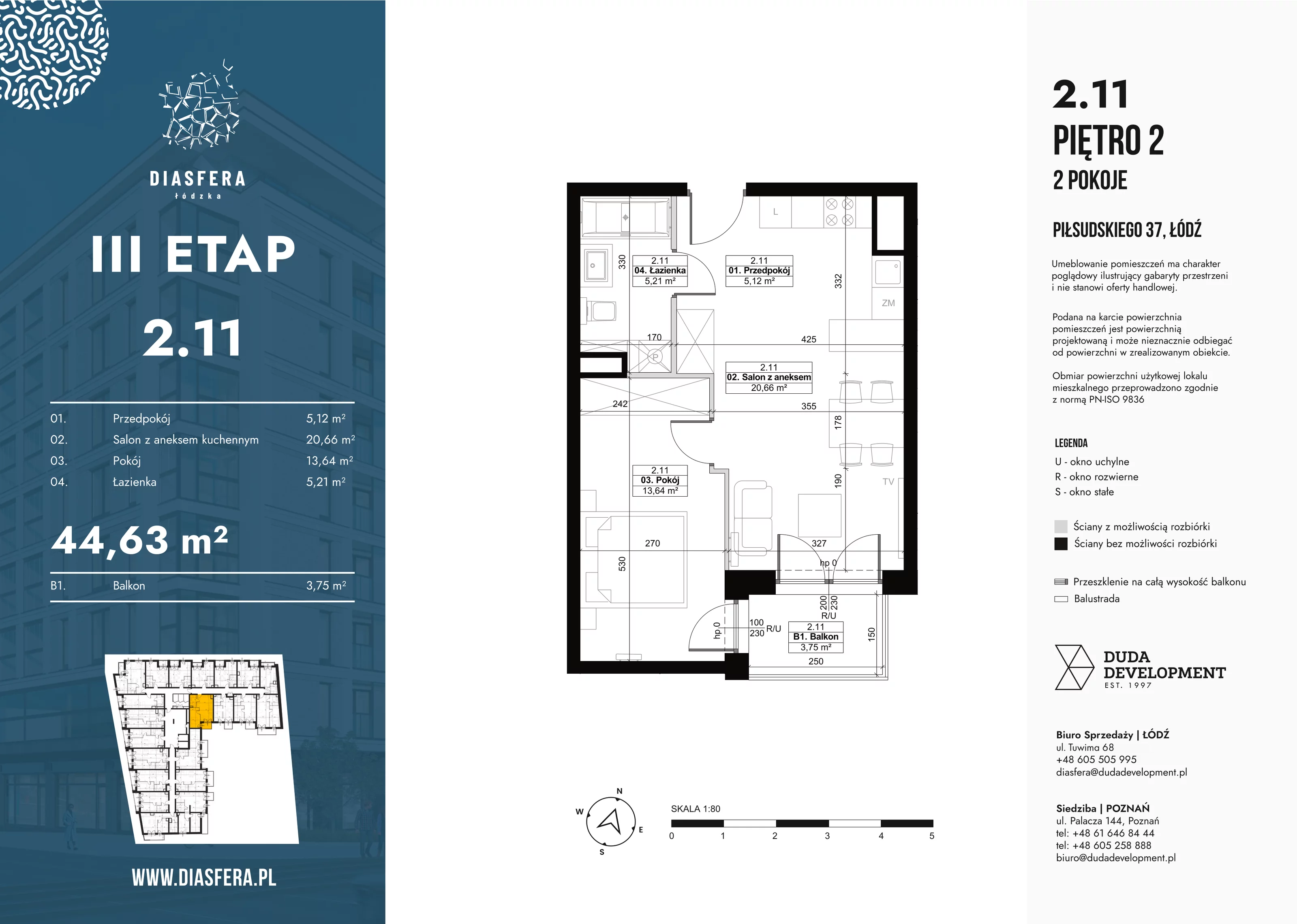 2 pokoje, mieszkanie 44,63 m², piętro 2, oferta nr 2_11, Diasfera III, Łódź, Śródmieście, al. Piłsudskiego 37