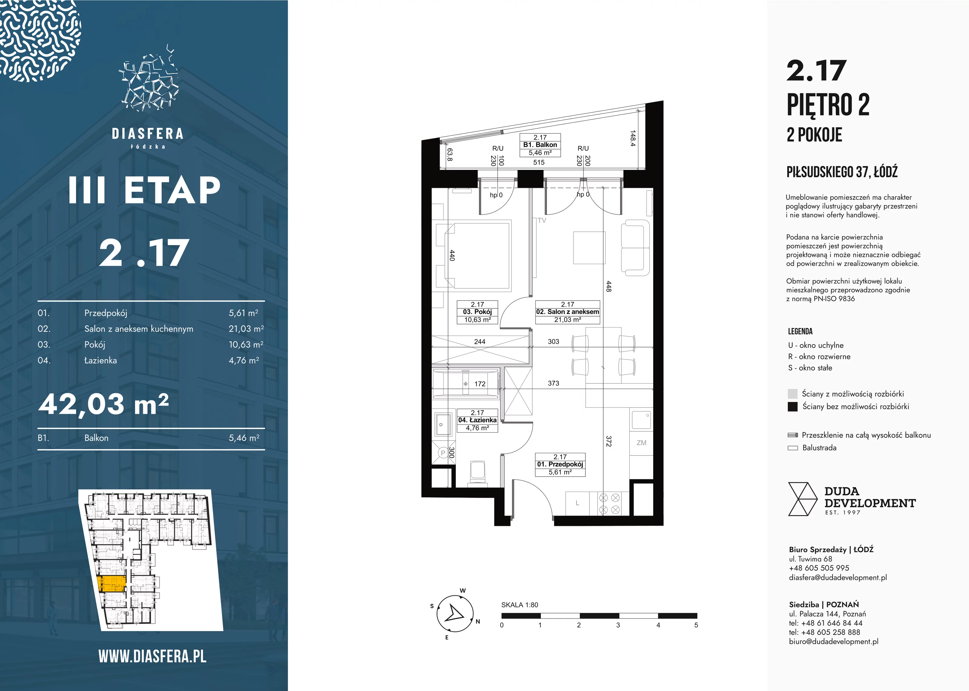 2 pokoje, mieszkanie 42,03 m², piętro 2, oferta nr 2_17, Diasfera III, Łódź, Śródmieście, al. Piłsudskiego 37