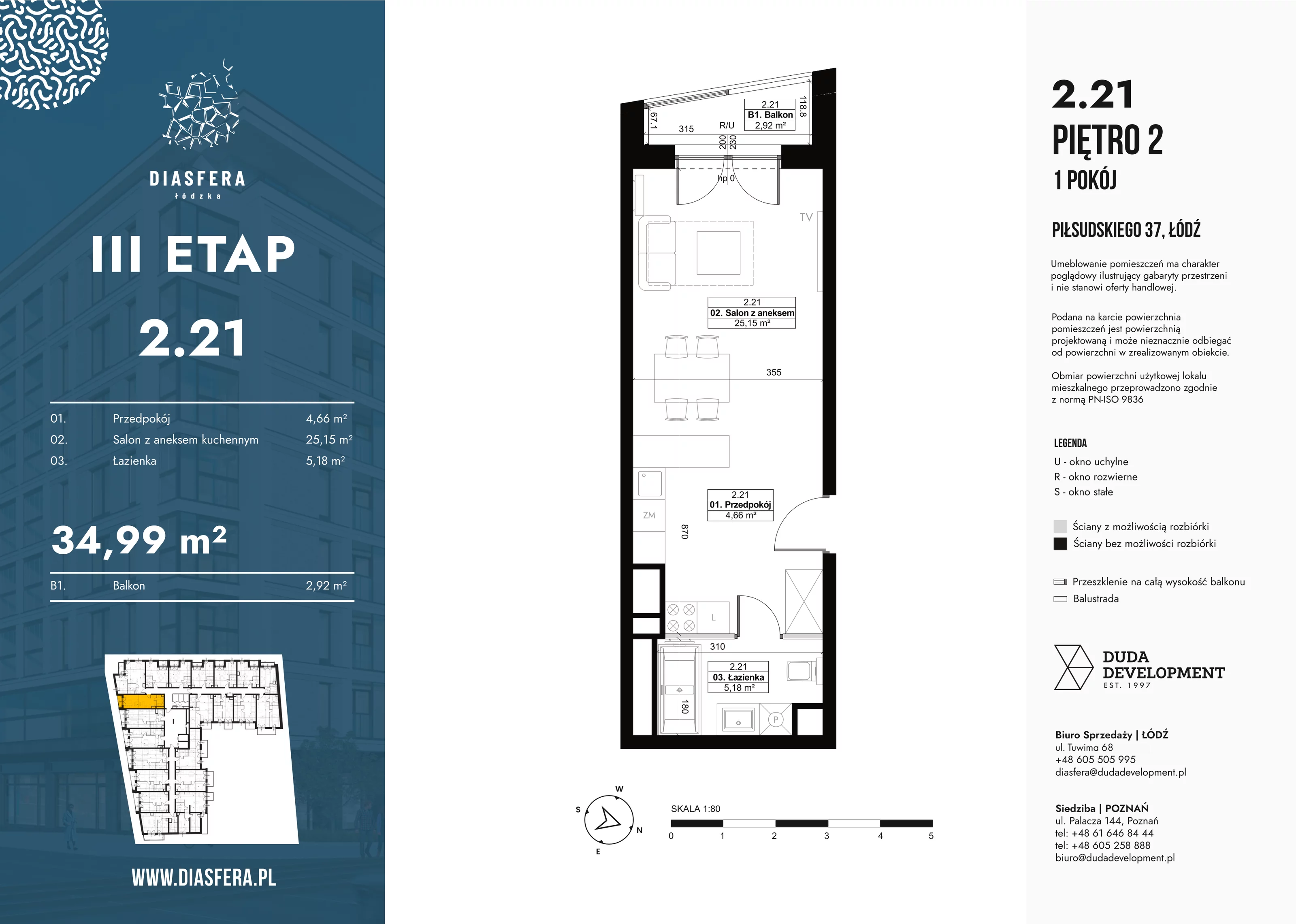 1 pokój, mieszkanie 34,99 m², piętro 2, oferta nr 2_21, Diasfera III, Łódź, Śródmieście, al. Piłsudskiego 37