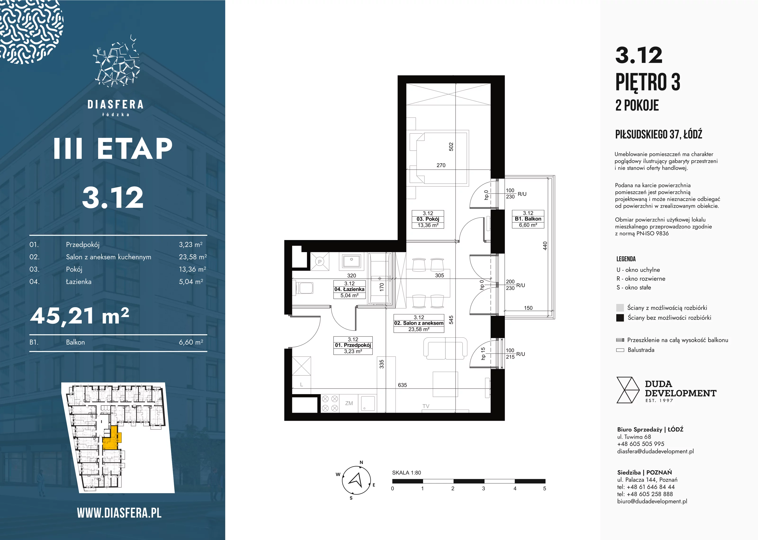 2 pokoje, mieszkanie 45,21 m², piętro 3, oferta nr 3_12, Diasfera III, Łódź, Śródmieście, al. Piłsudskiego 37