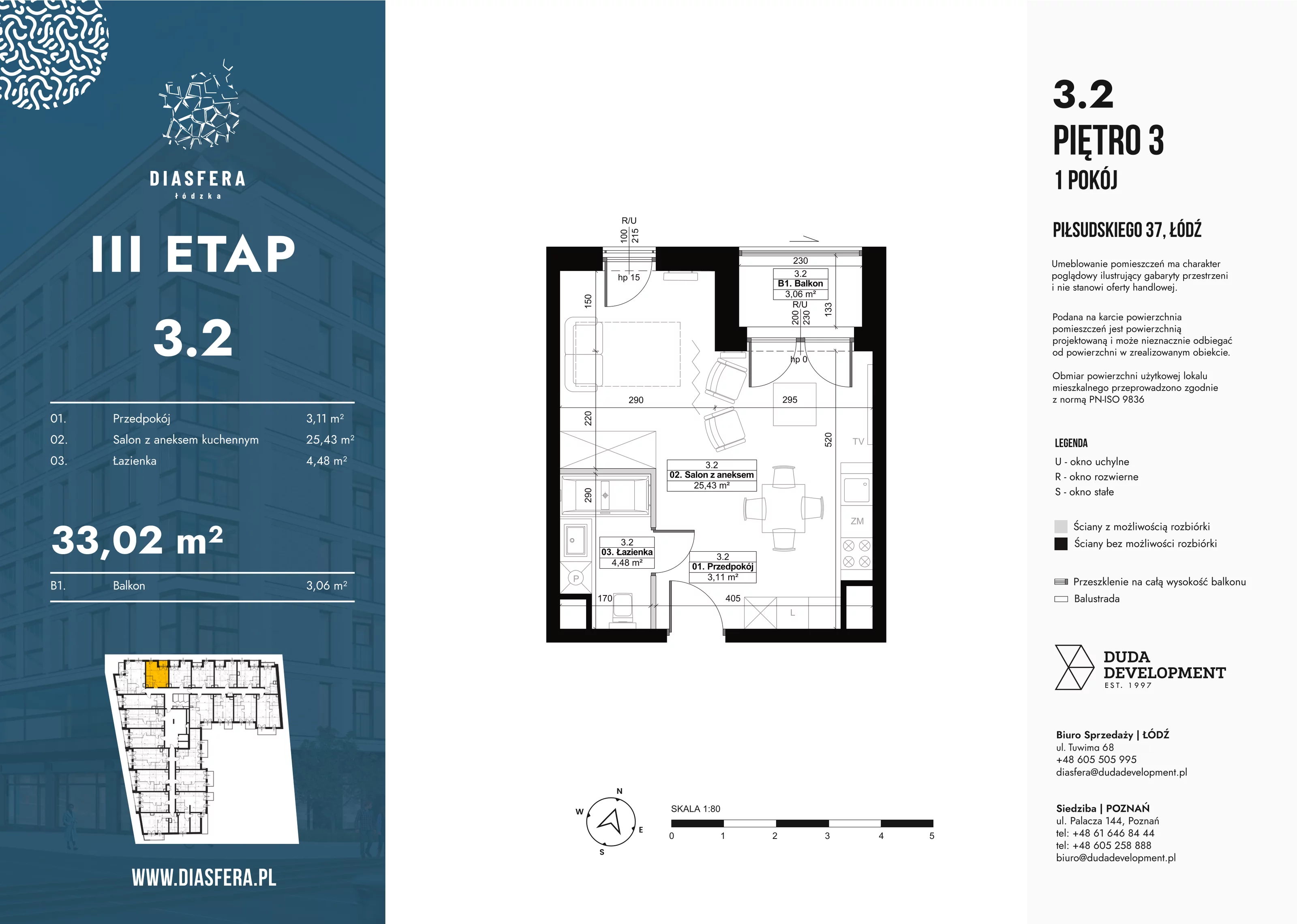 1 pokój, mieszkanie 33,02 m², piętro 3, oferta nr 3_2, Diasfera III, Łódź, Śródmieście, al. Piłsudskiego 37