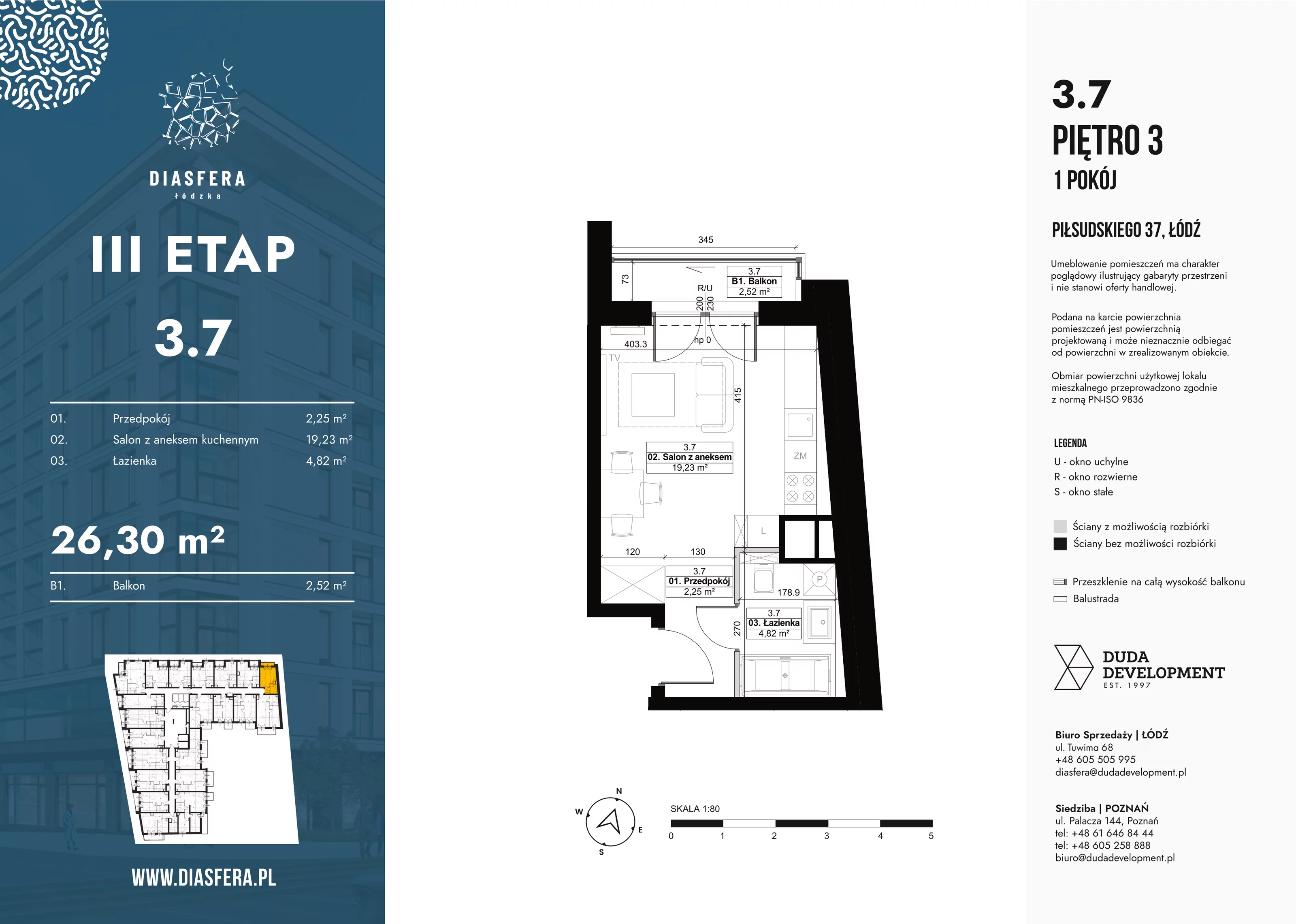 1 pokój, mieszkanie 26,14 m², piętro 3, oferta nr 3_7, Diasfera III, Łódź, Śródmieście, al. Piłsudskiego 37