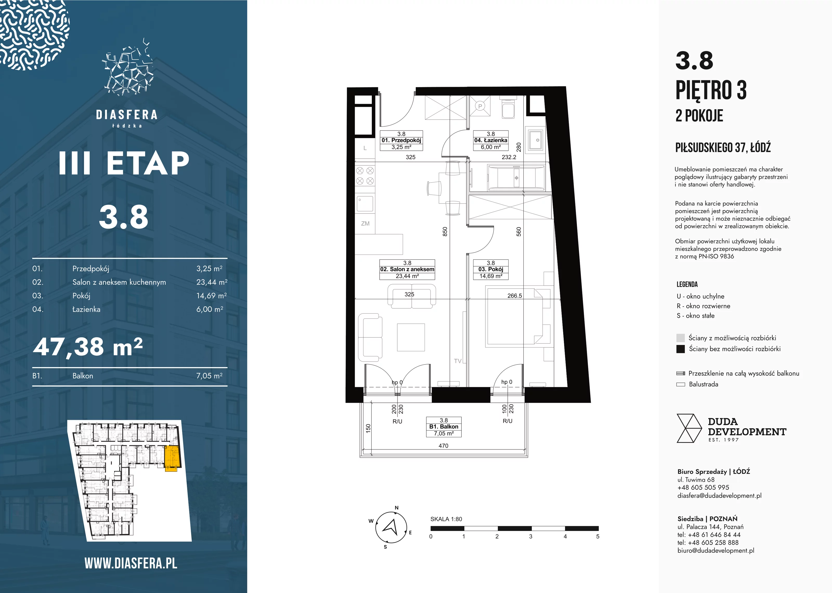 2 pokoje, mieszkanie 47,38 m², piętro 3, oferta nr 3_8, Diasfera III, Łódź, Śródmieście, al. Piłsudskiego 37