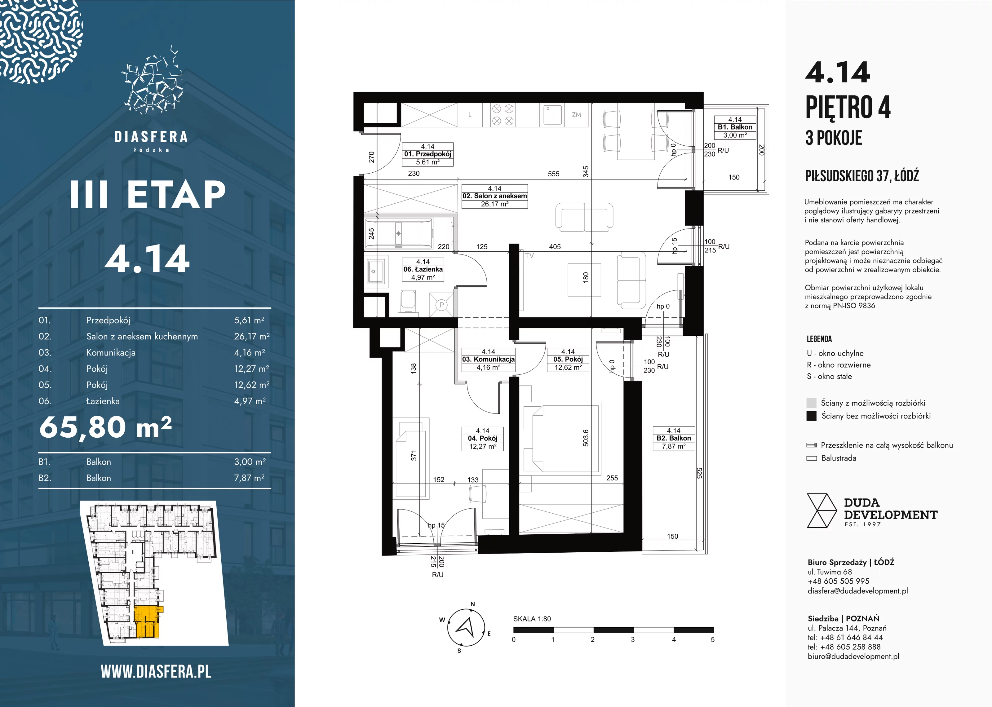 3 pokoje, mieszkanie 65,80 m², piętro 4, oferta nr 4_14, Diasfera III, Łódź, Śródmieście, al. Piłsudskiego 37