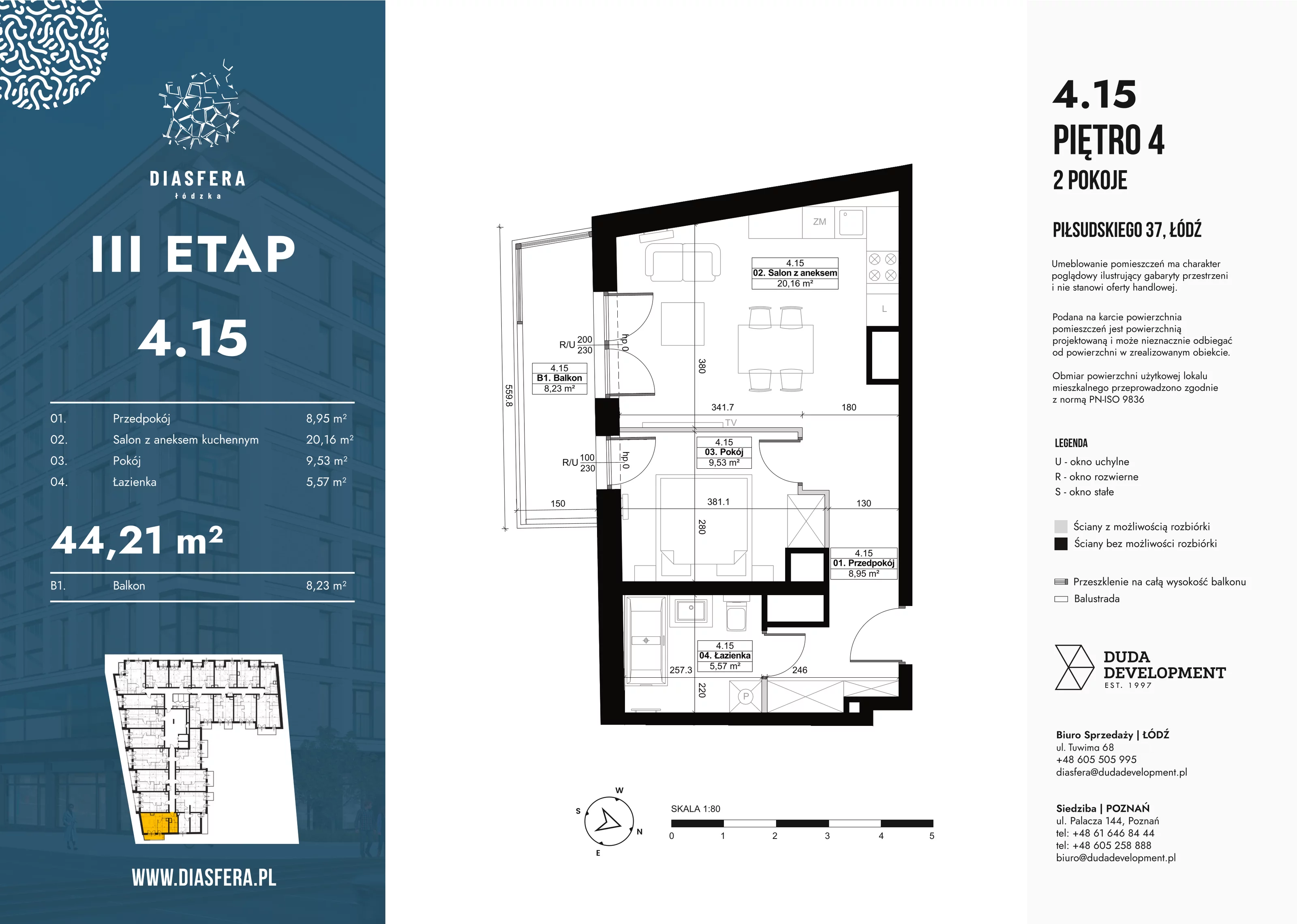 2 pokoje, mieszkanie 44,21 m², piętro 4, oferta nr 4_15, Diasfera III, Łódź, Śródmieście, al. Piłsudskiego 37