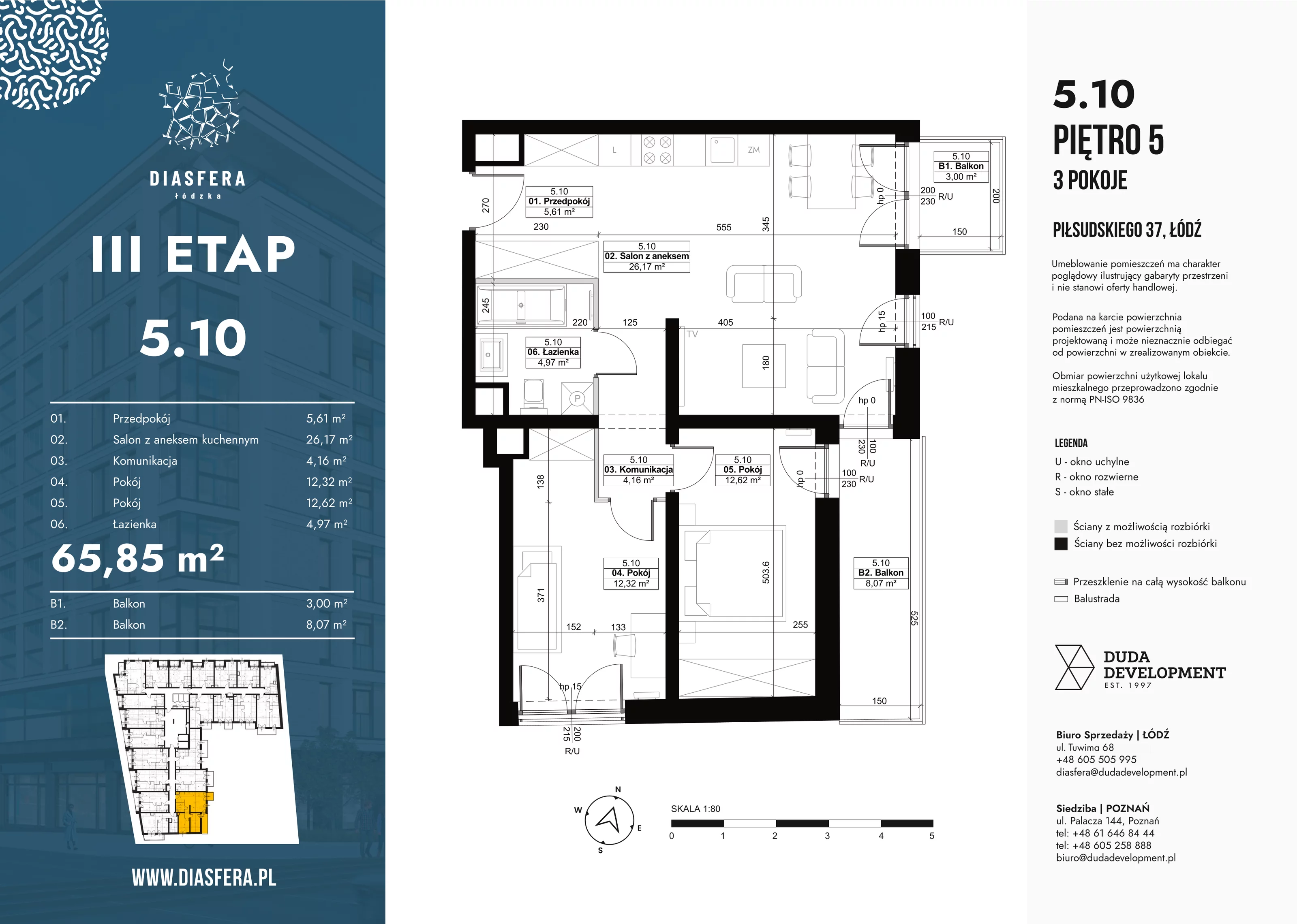 3 pokoje, mieszkanie 65,85 m², piętro 5, oferta nr 5_10, Diasfera III, Łódź, Śródmieście, al. Piłsudskiego 37