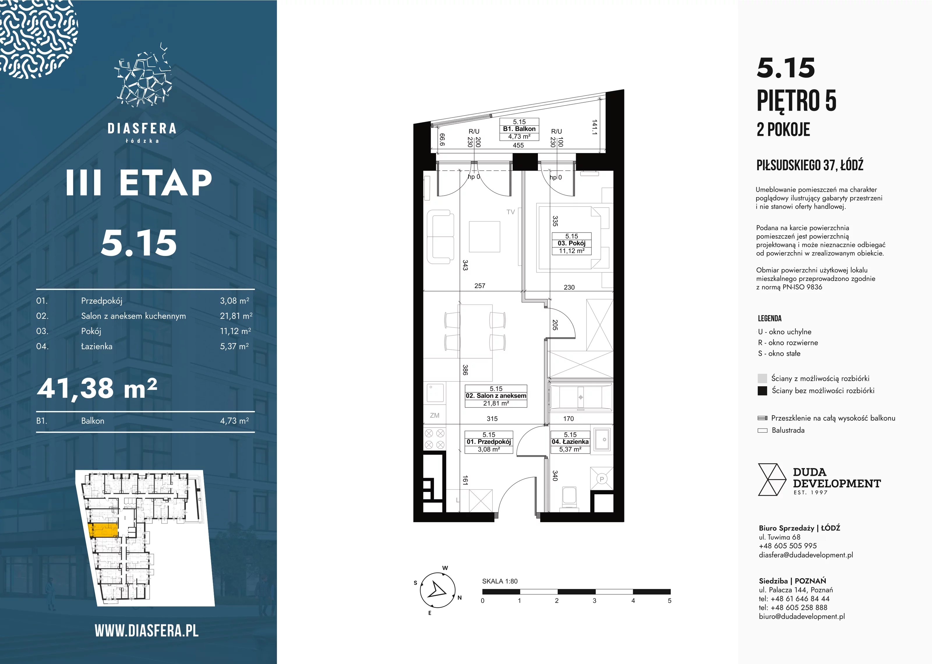 2 pokoje, mieszkanie 41,38 m², piętro 5, oferta nr 5_15, Diasfera III, Łódź, Śródmieście, al. Piłsudskiego 37