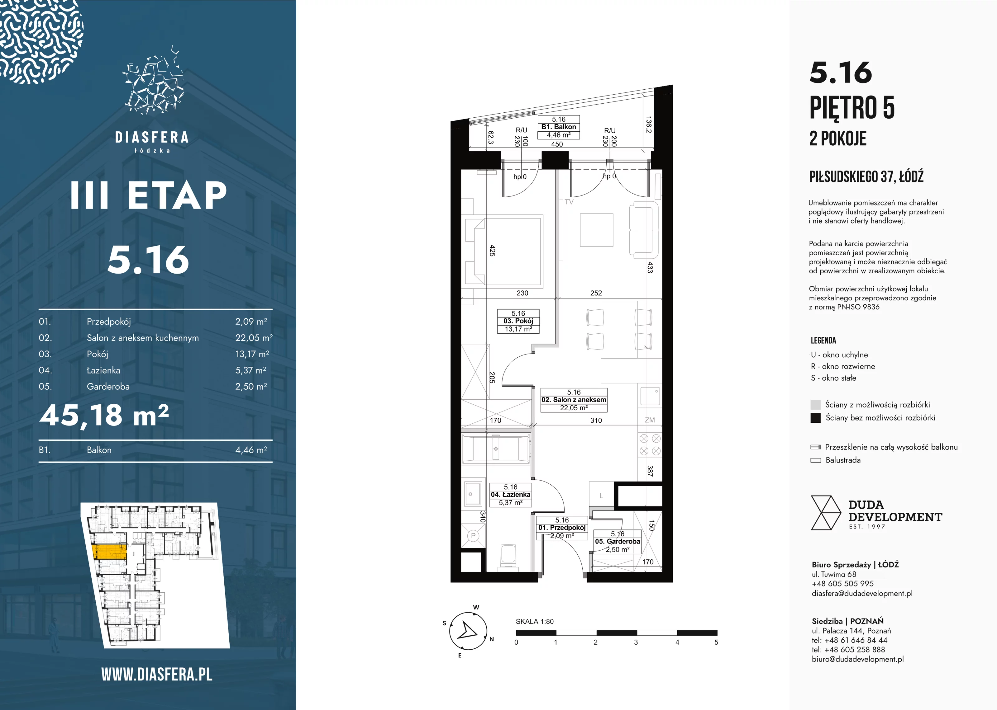 2 pokoje, mieszkanie 45,18 m², piętro 5, oferta nr 5_16, Diasfera III, Łódź, Śródmieście, al. Piłsudskiego 37