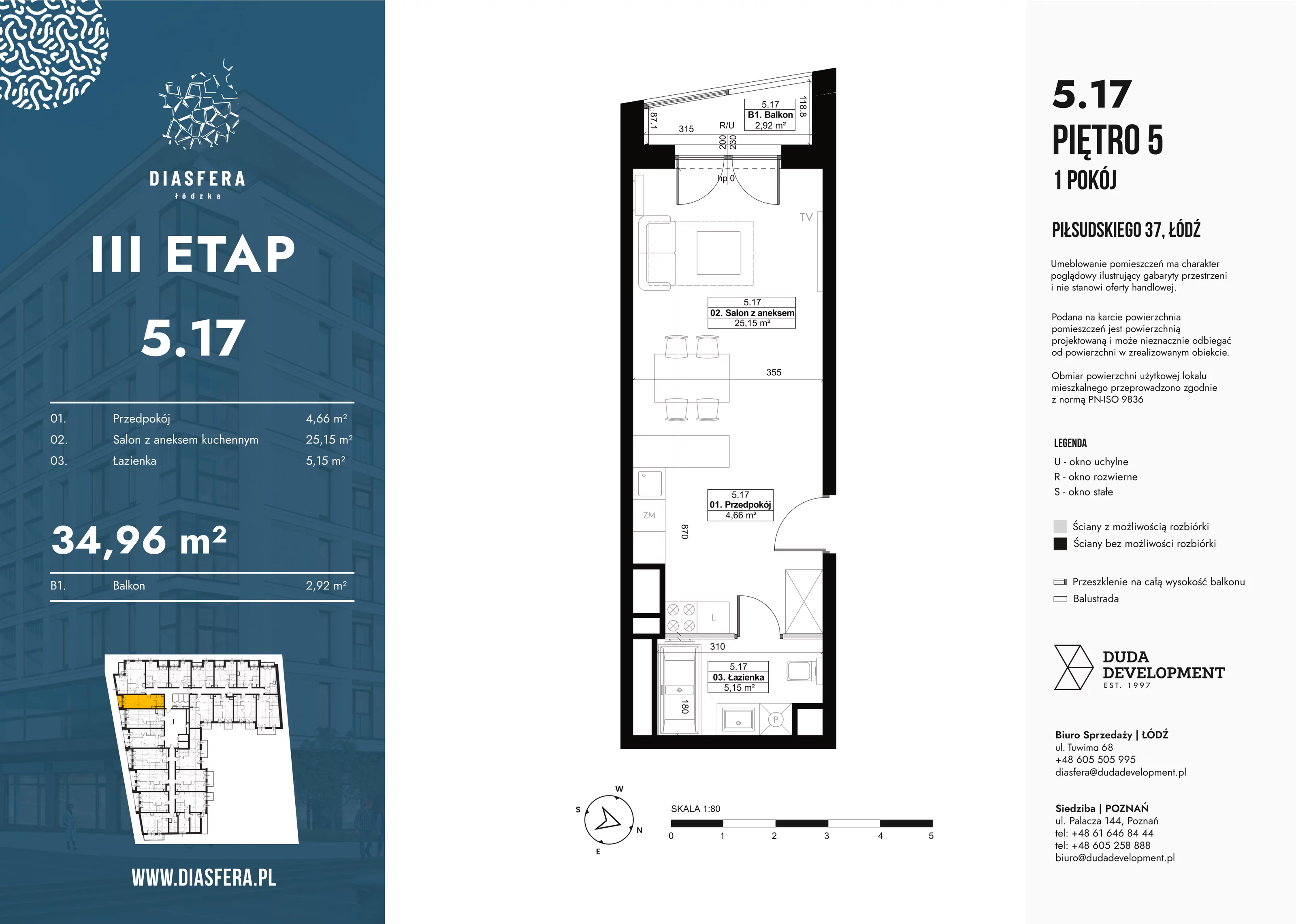 1 pokój, mieszkanie 34,96 m², piętro 5, oferta nr 5_17, Diasfera III, Łódź, Śródmieście, al. Piłsudskiego 37