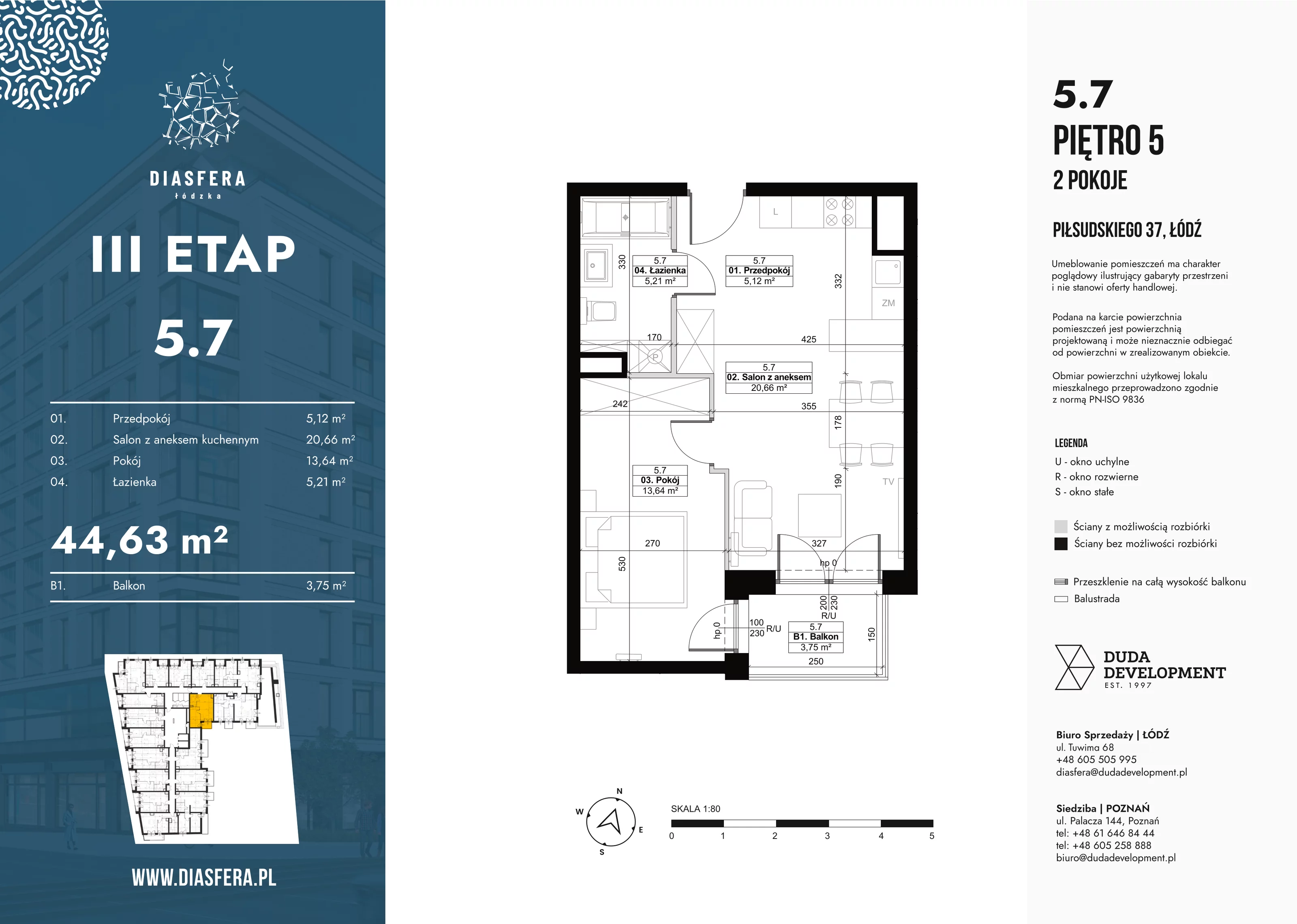 2 pokoje, mieszkanie 44,63 m², piętro 5, oferta nr 5_7, Diasfera III, Łódź, Śródmieście, al. Piłsudskiego 37