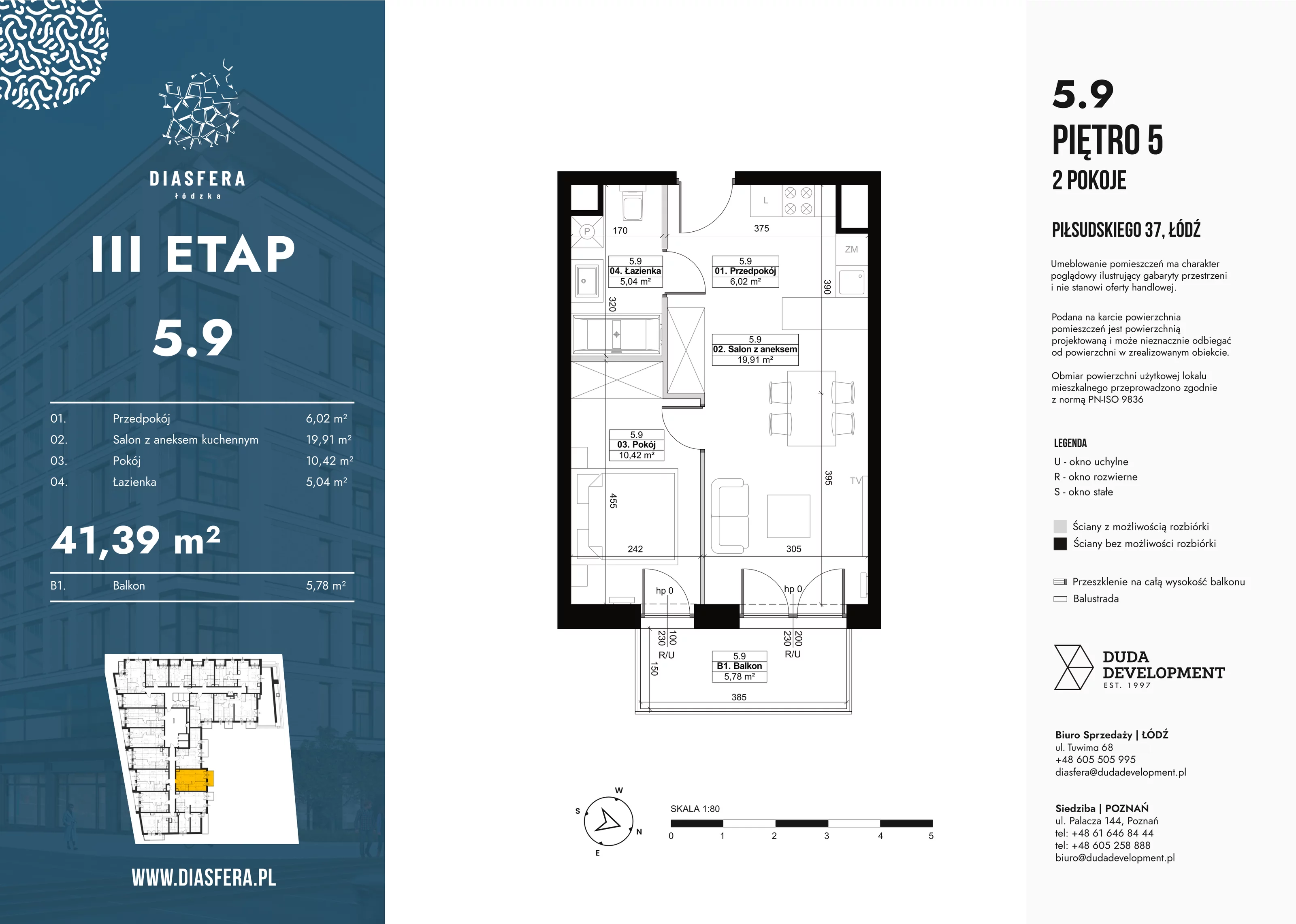 2 pokoje, mieszkanie 41,39 m², piętro 5, oferta nr 5_9, Diasfera III, Łódź, Śródmieście, al. Piłsudskiego 37