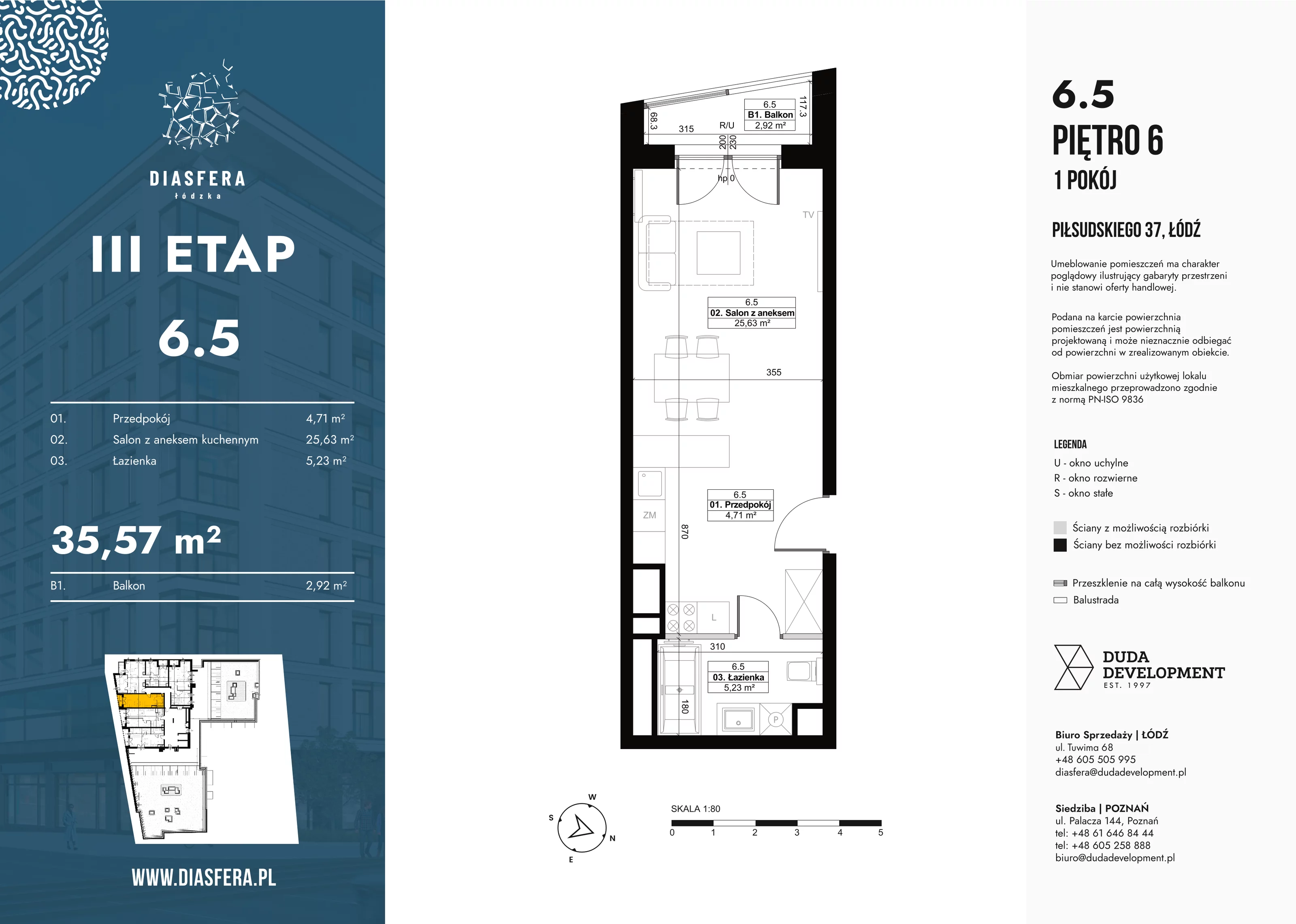 1 pokój, mieszkanie 35,57 m², piętro 6, oferta nr 6_5, Diasfera III, Łódź, Śródmieście, al. Piłsudskiego 37
