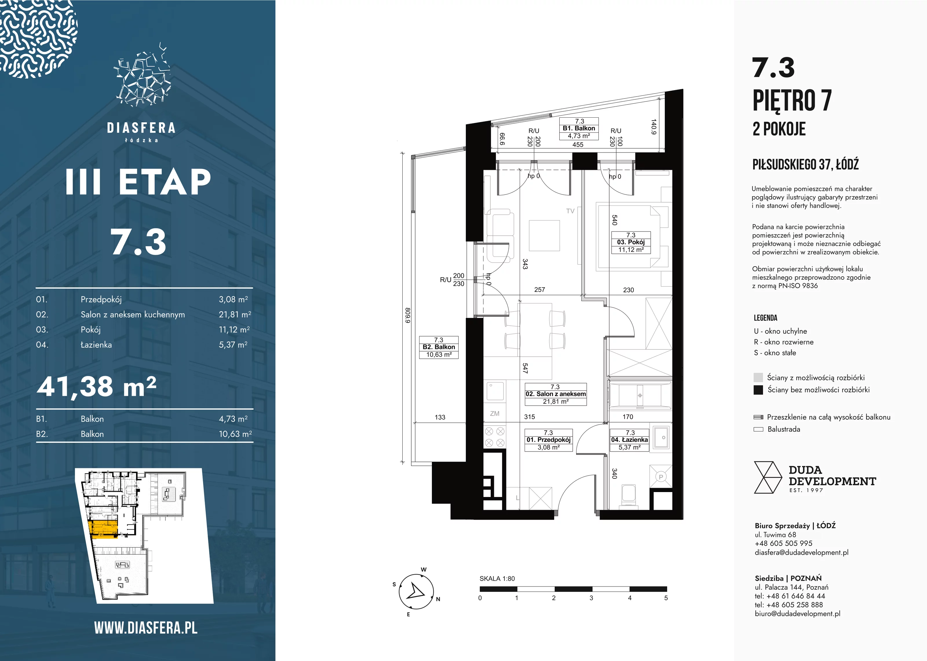 2 pokoje, mieszkanie 41,38 m², piętro 7, oferta nr 7_3, Diasfera III, Łódź, Śródmieście, al. Piłsudskiego 37