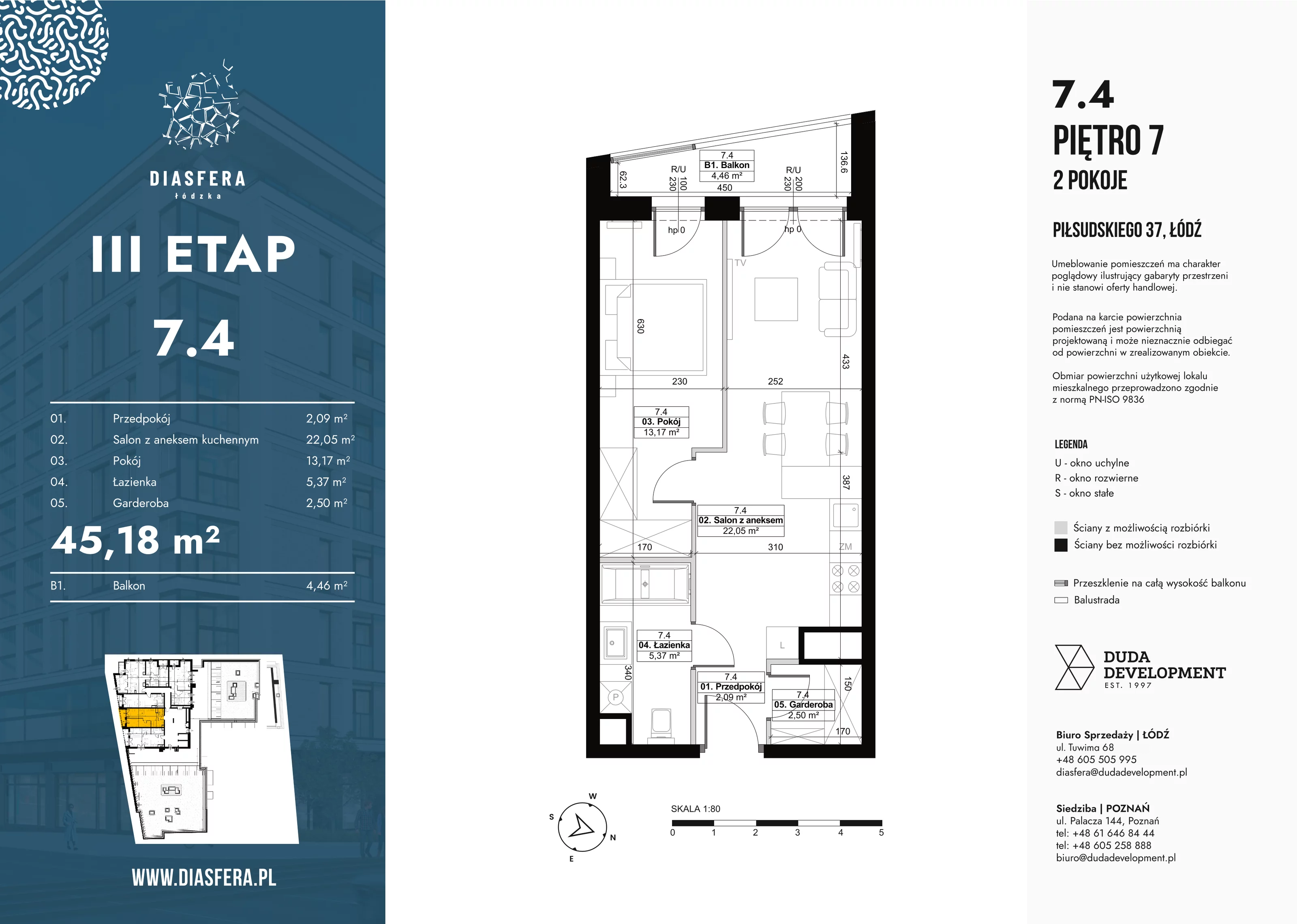 2 pokoje, mieszkanie 45,18 m², piętro 7, oferta nr 7_4, Diasfera III, Łódź, Śródmieście, al. Piłsudskiego 37