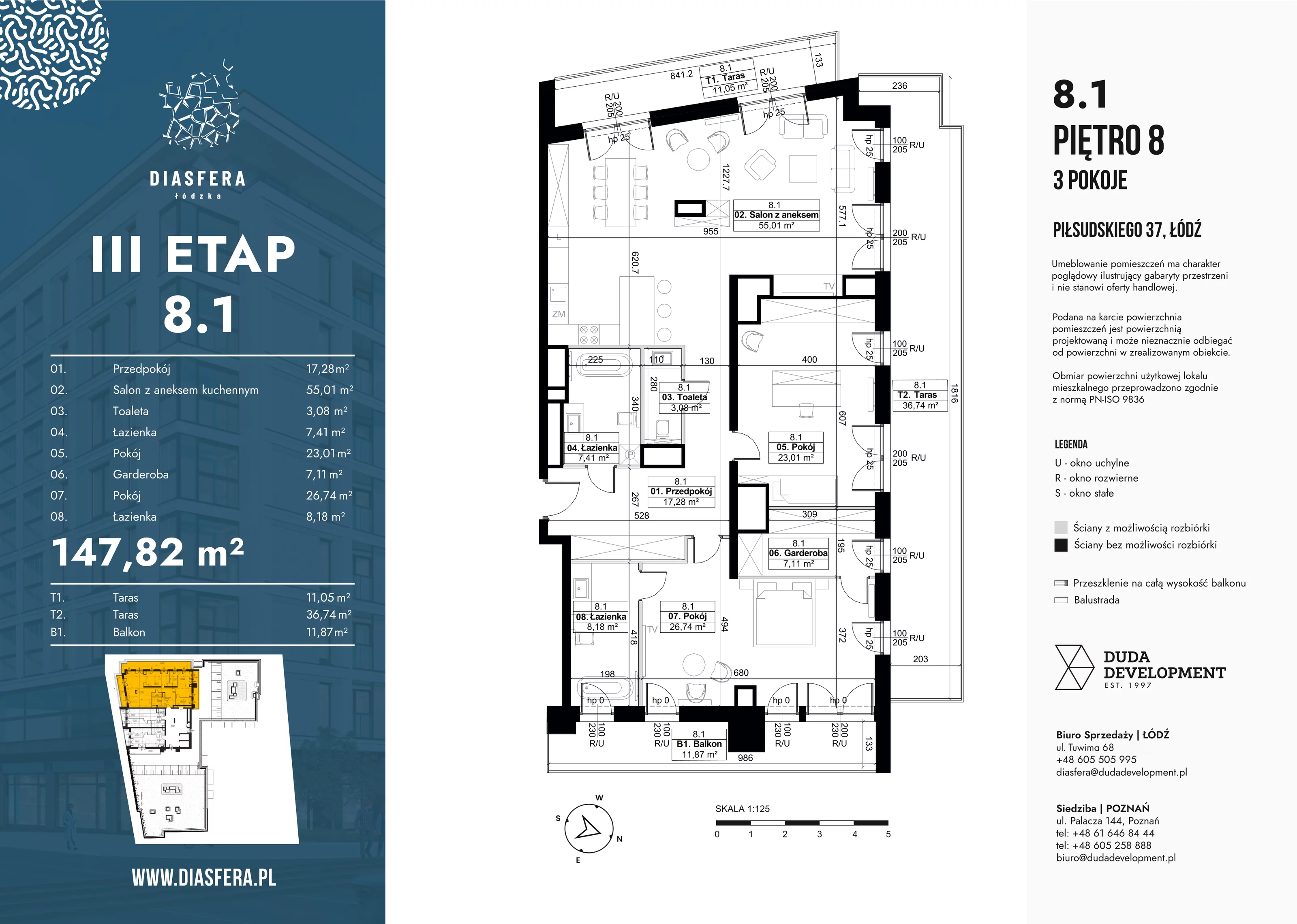 3 pokoje, mieszkanie 147,82 m², piętro 8, oferta nr 8_1, Diasfera III, Łódź, Śródmieście, al. Piłsudskiego 37