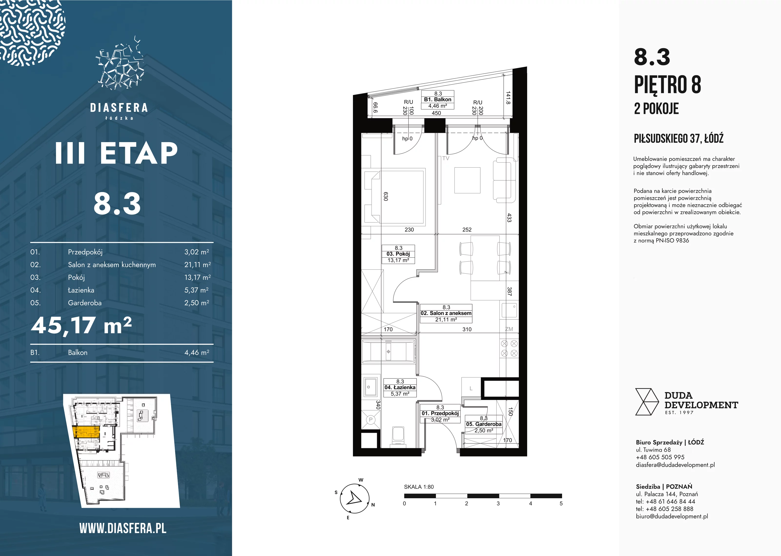 2 pokoje, mieszkanie 45,17 m², piętro 8, oferta nr 8_3, Diasfera III, Łódź, Śródmieście, al. Piłsudskiego 37