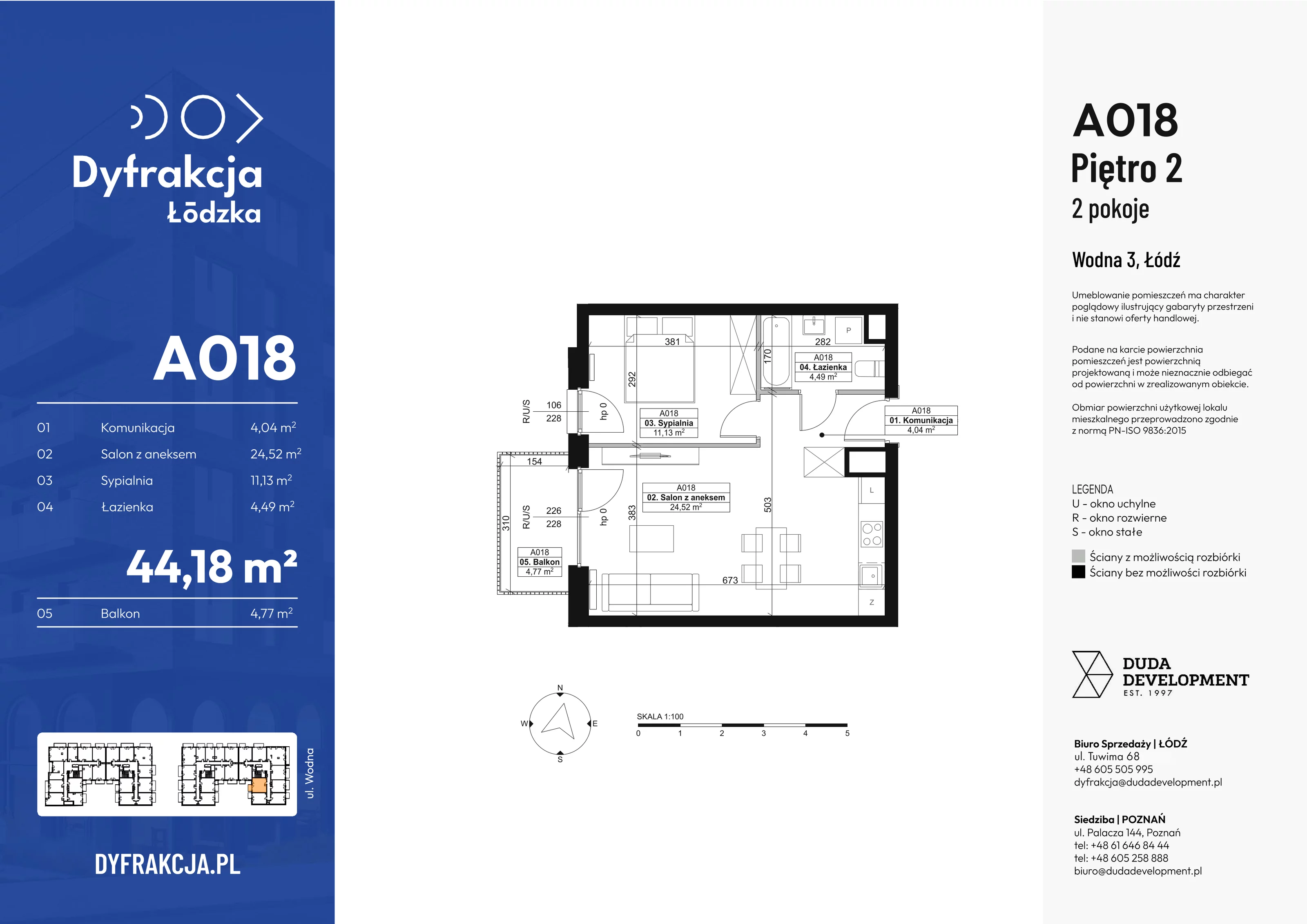 2 pokoje, mieszkanie 44,18 m², piętro 2, oferta nr A018, Dyfrakcja Łódzka, Łódź, Widzew, ul. Wodna 3