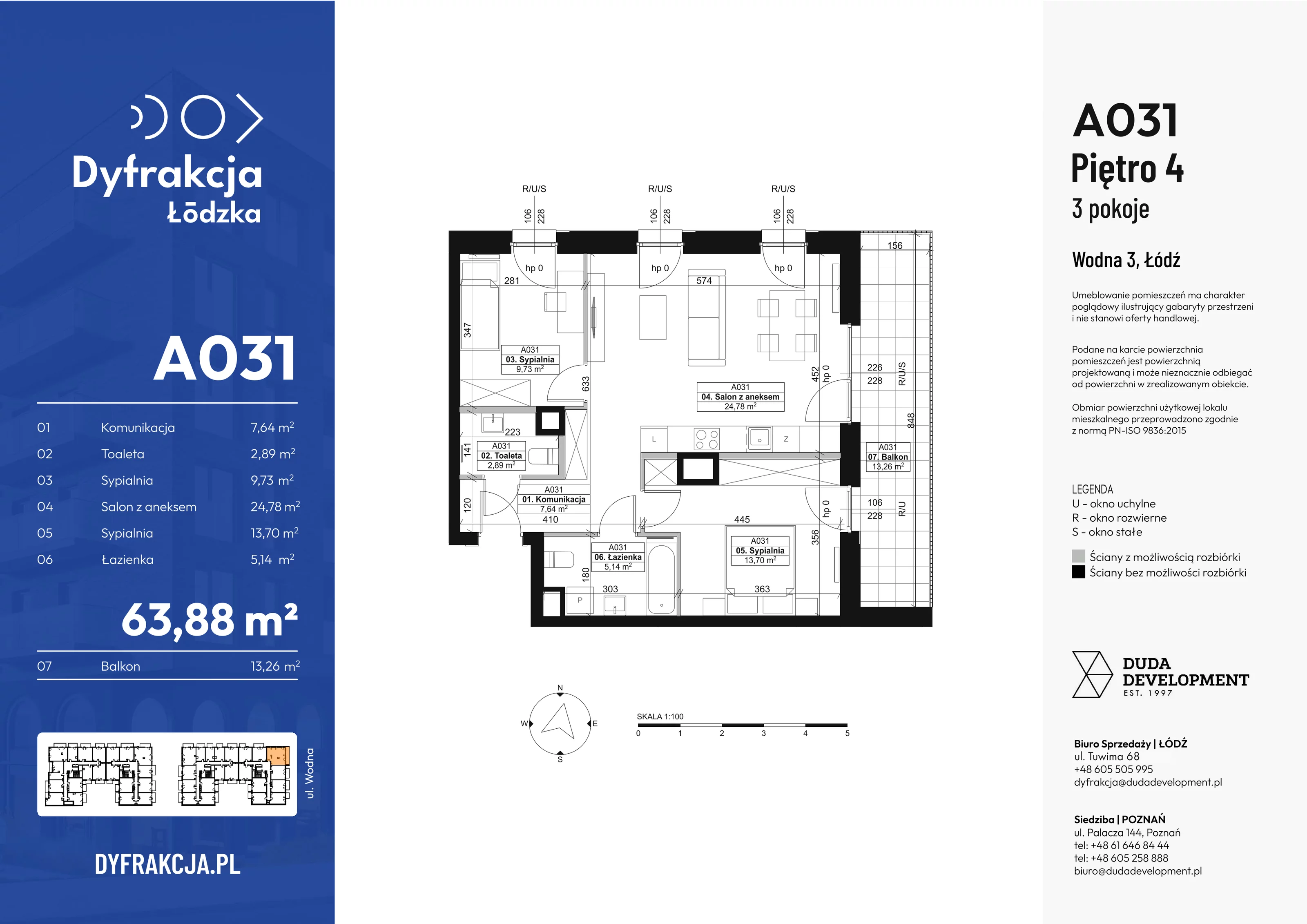 3 pokoje, mieszkanie 63,88 m², piętro 4, oferta nr A031, Dyfrakcja Łódzka, Łódź, Widzew, ul. Wodna 3