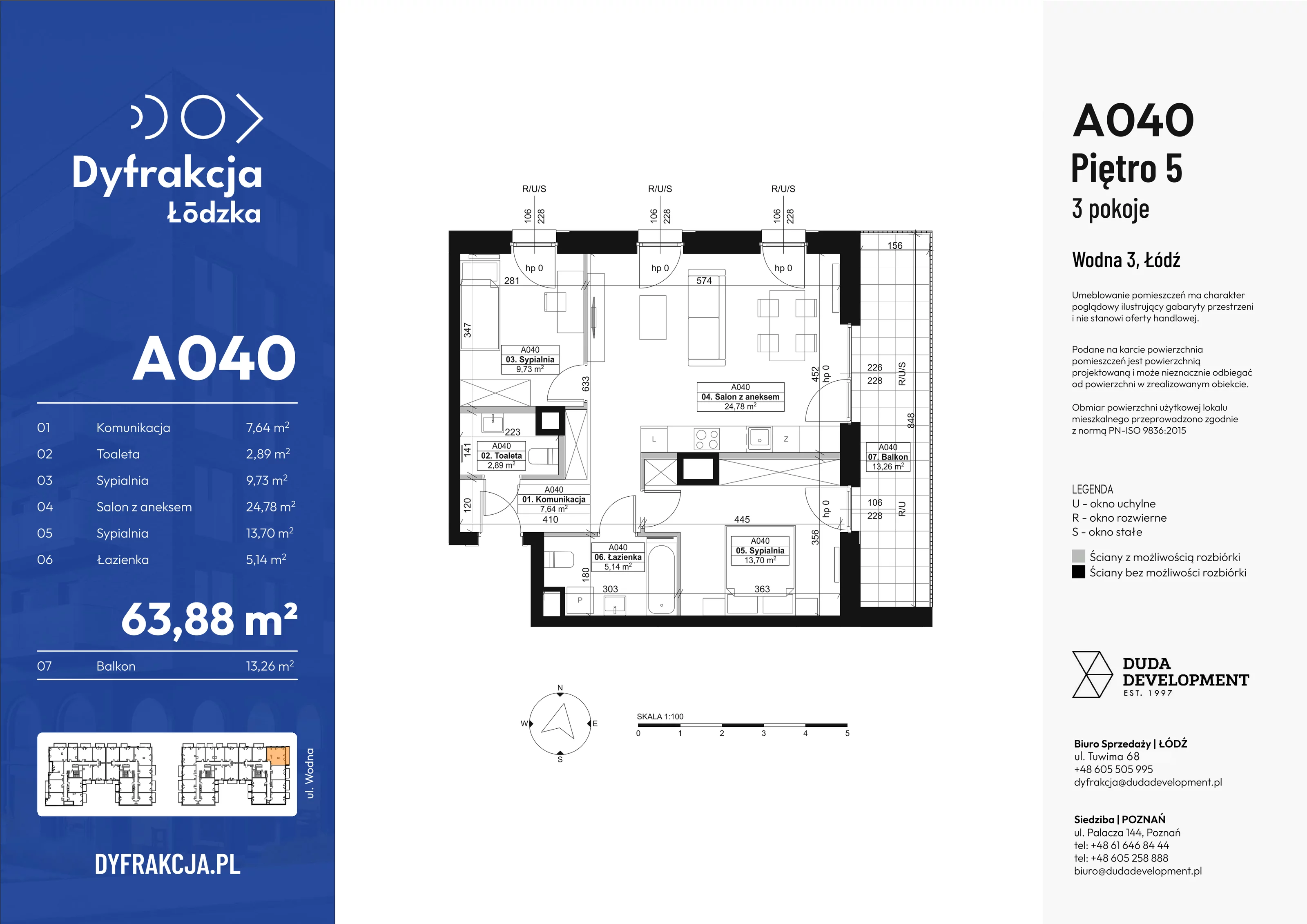 3 pokoje, mieszkanie 63,88 m², piętro 5, oferta nr A040, Dyfrakcja Łódzka, Łódź, Widzew, ul. Wodna 3