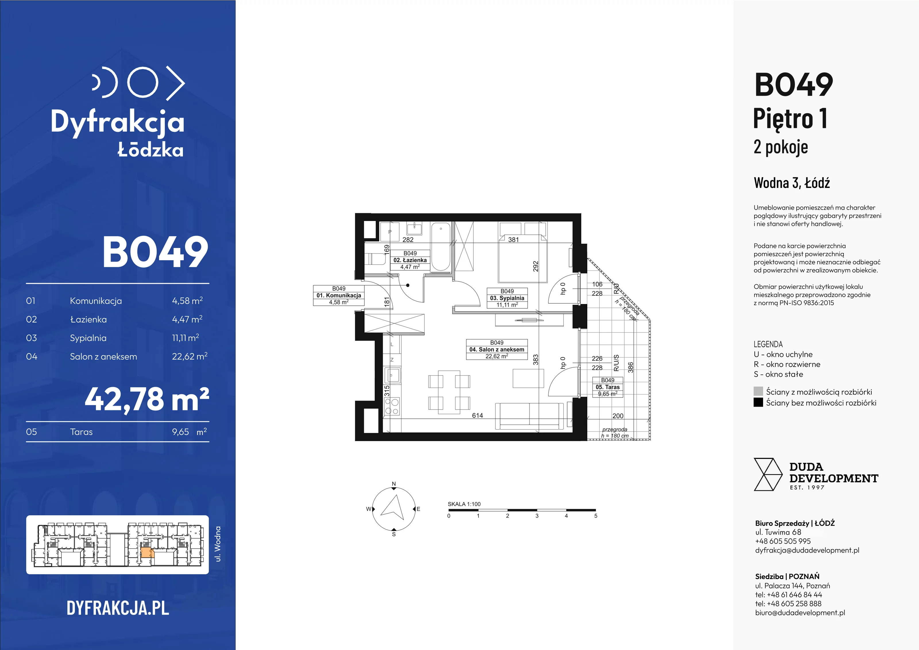 2 pokoje, mieszkanie 42,78 m², piętro 1, oferta nr B049, Dyfrakcja Łódzka, Łódź, Widzew, ul. Wodna 3