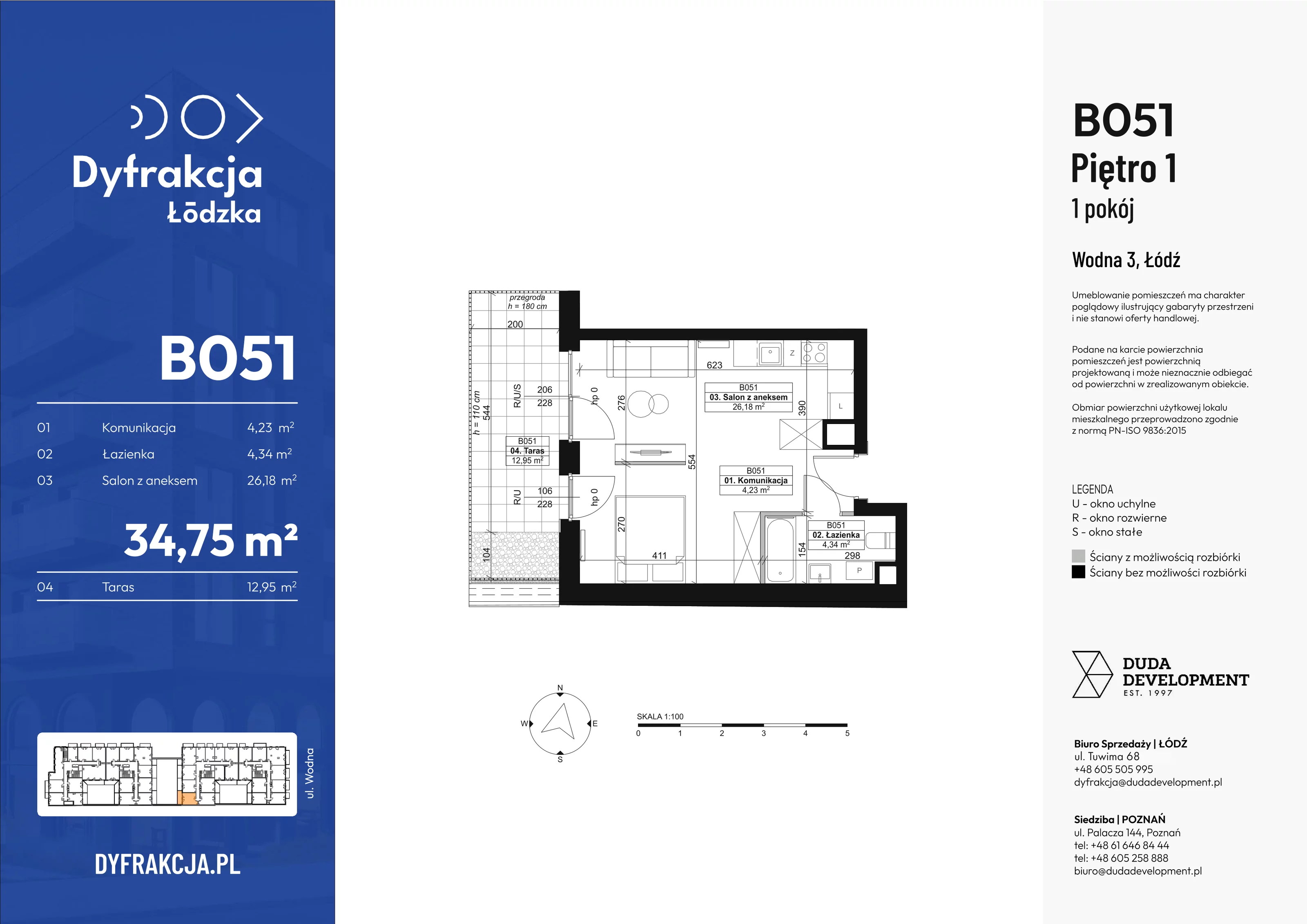 1 pokój, mieszkanie 34,75 m², piętro 1, oferta nr B051, Dyfrakcja Łódzka, Łódź, Widzew, ul. Wodna 3