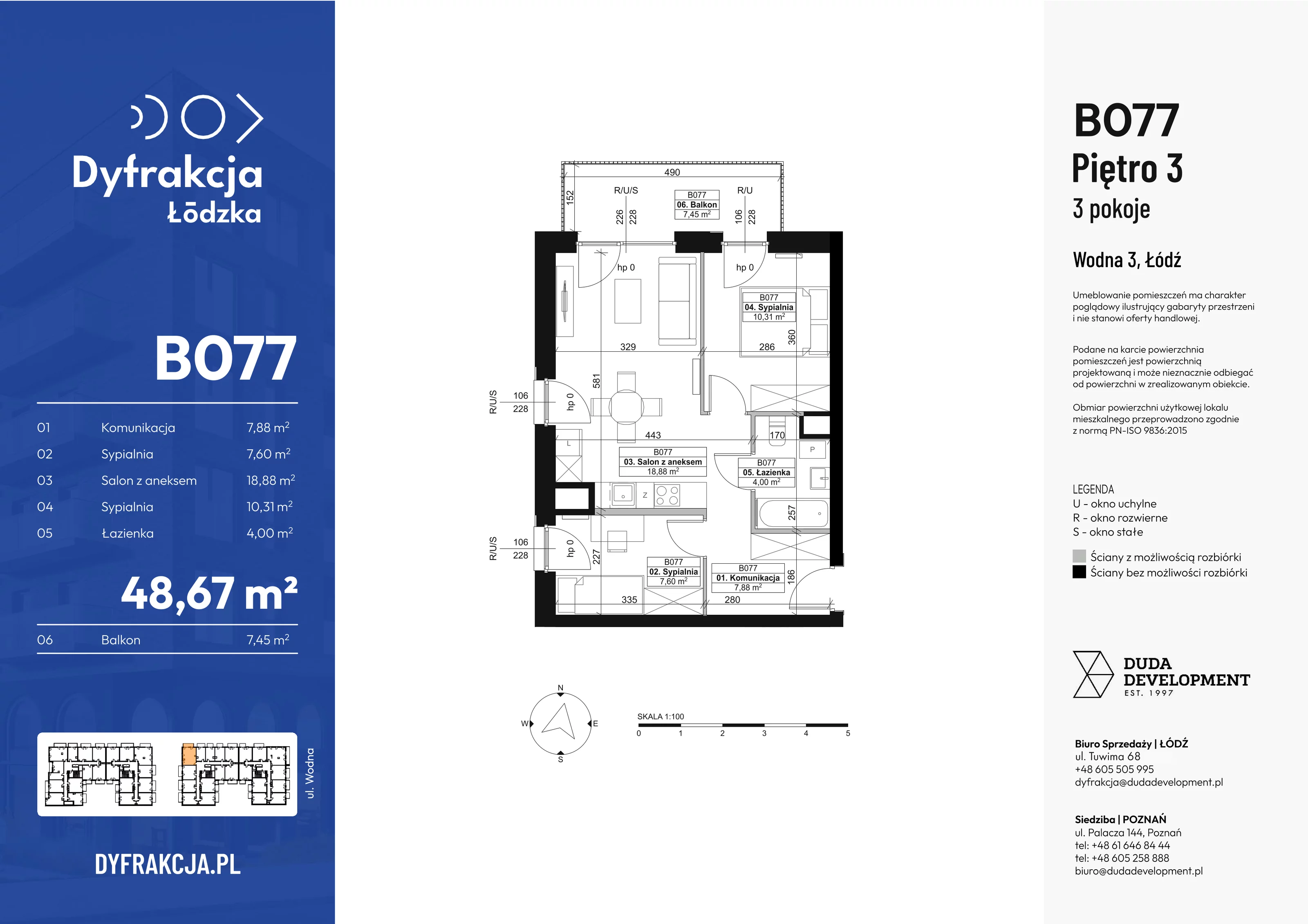 3 pokoje, mieszkanie 48,67 m², piętro 3, oferta nr B077, Dyfrakcja Łódzka, Łódź, Widzew, ul. Wodna 3