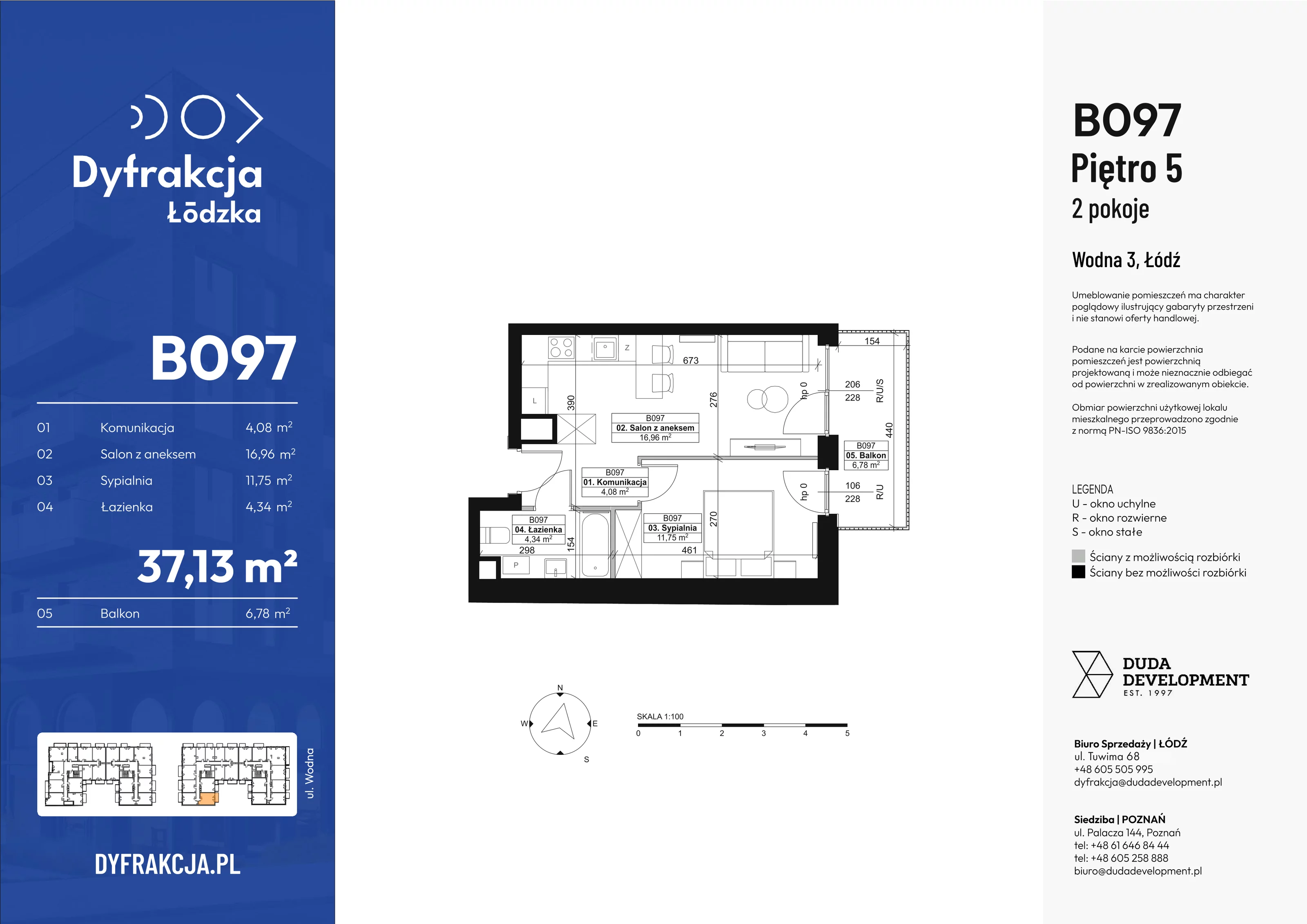 2 pokoje, mieszkanie 37,13 m², piętro 5, oferta nr B097, Dyfrakcja Łódzka, Łódź, Widzew, ul. Wodna 3