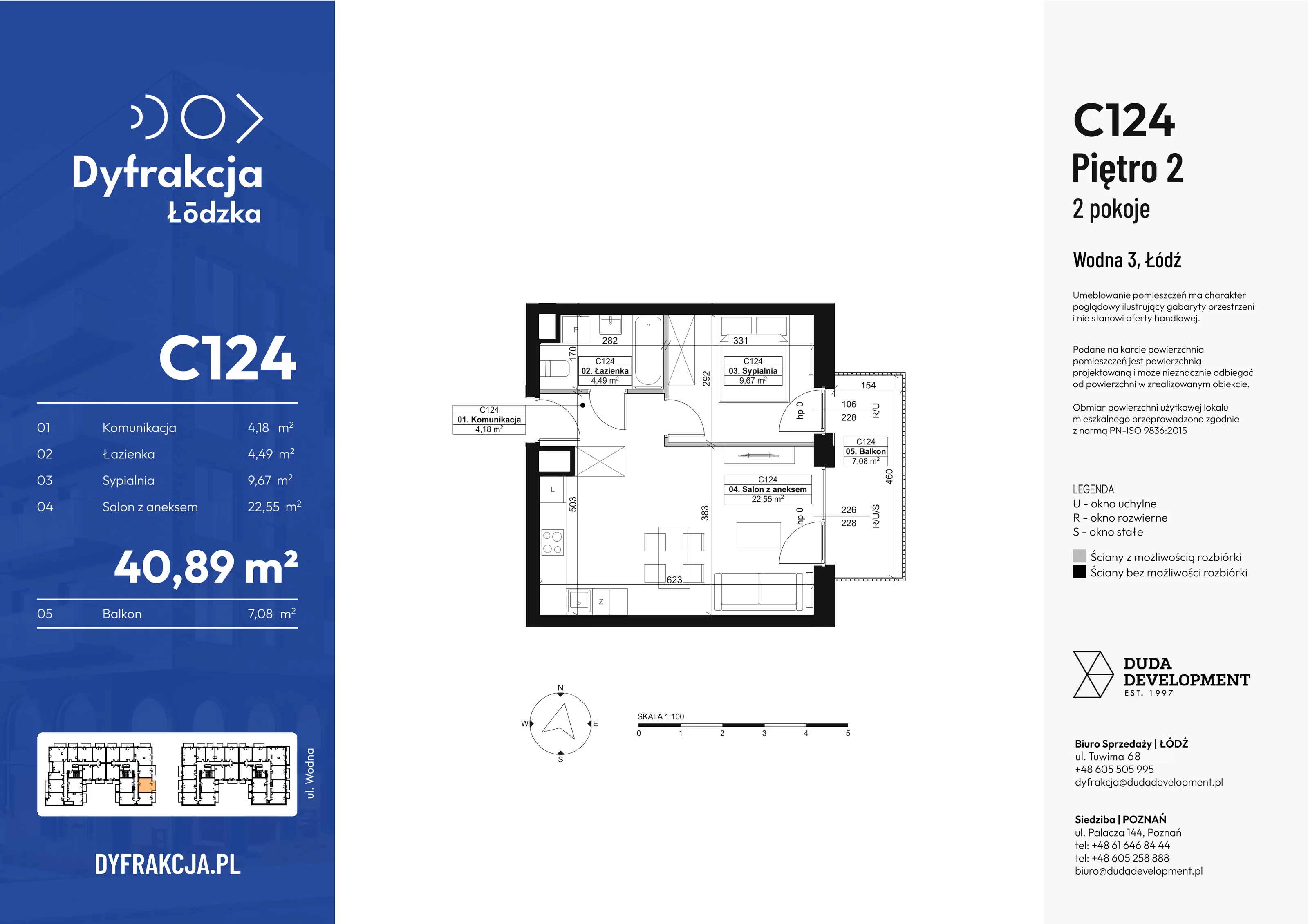2 pokoje, mieszkanie 40,89 m², piętro 1, oferta nr C124, Dyfrakcja Łódzka, Łódź, Widzew, ul. Wodna 3