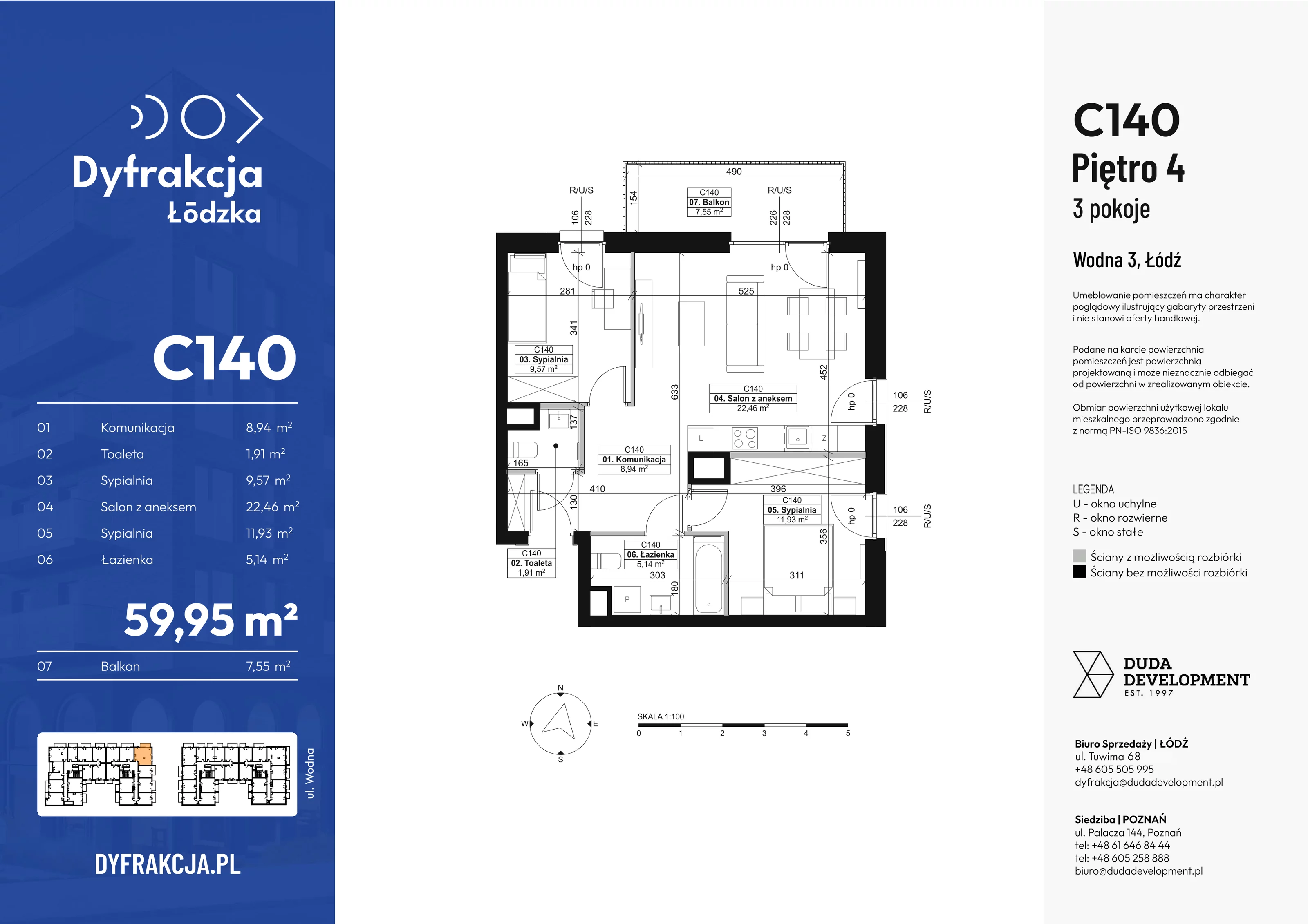 3 pokoje, mieszkanie 59,95 m², piętro 1, oferta nr C140, Dyfrakcja Łódzka, Łódź, Widzew, ul. Wodna 3