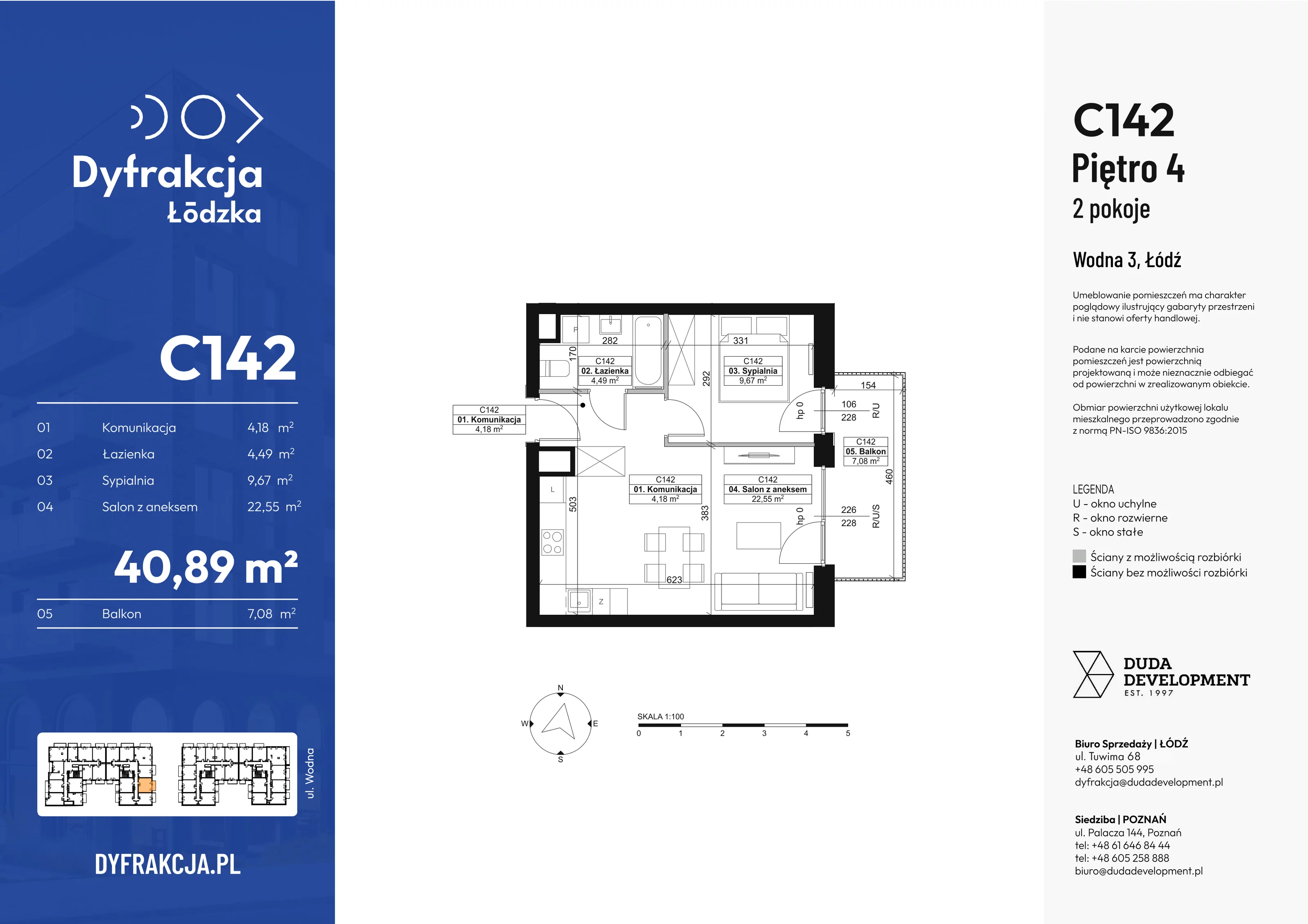 2 pokoje, mieszkanie 40,89 m², piętro 1, oferta nr C142, Dyfrakcja Łódzka, Łódź, Widzew, ul. Wodna 3