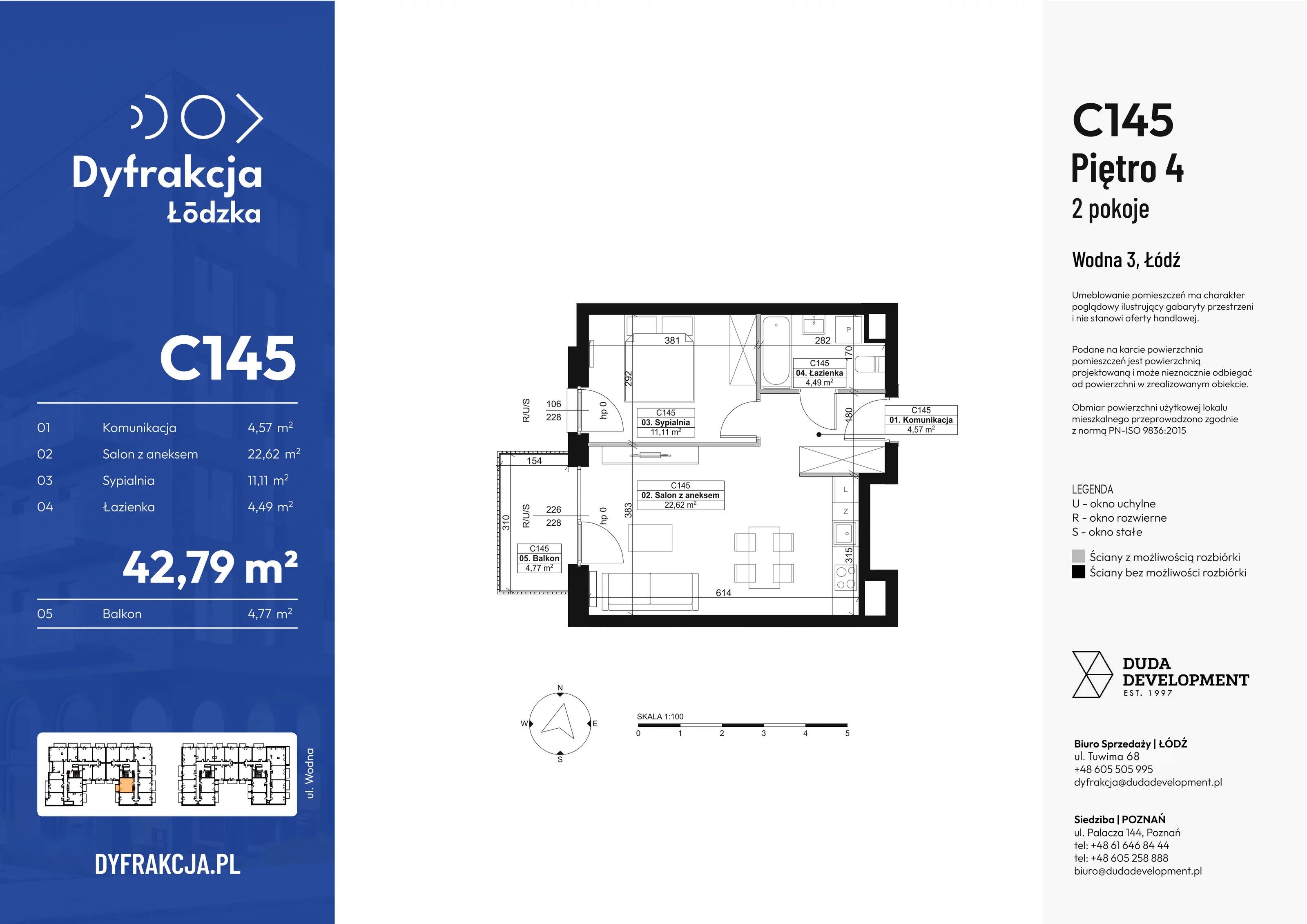 2 pokoje, mieszkanie 42,79 m², piętro 1, oferta nr C145, Dyfrakcja Łódzka, Łódź, Widzew, ul. Wodna 3
