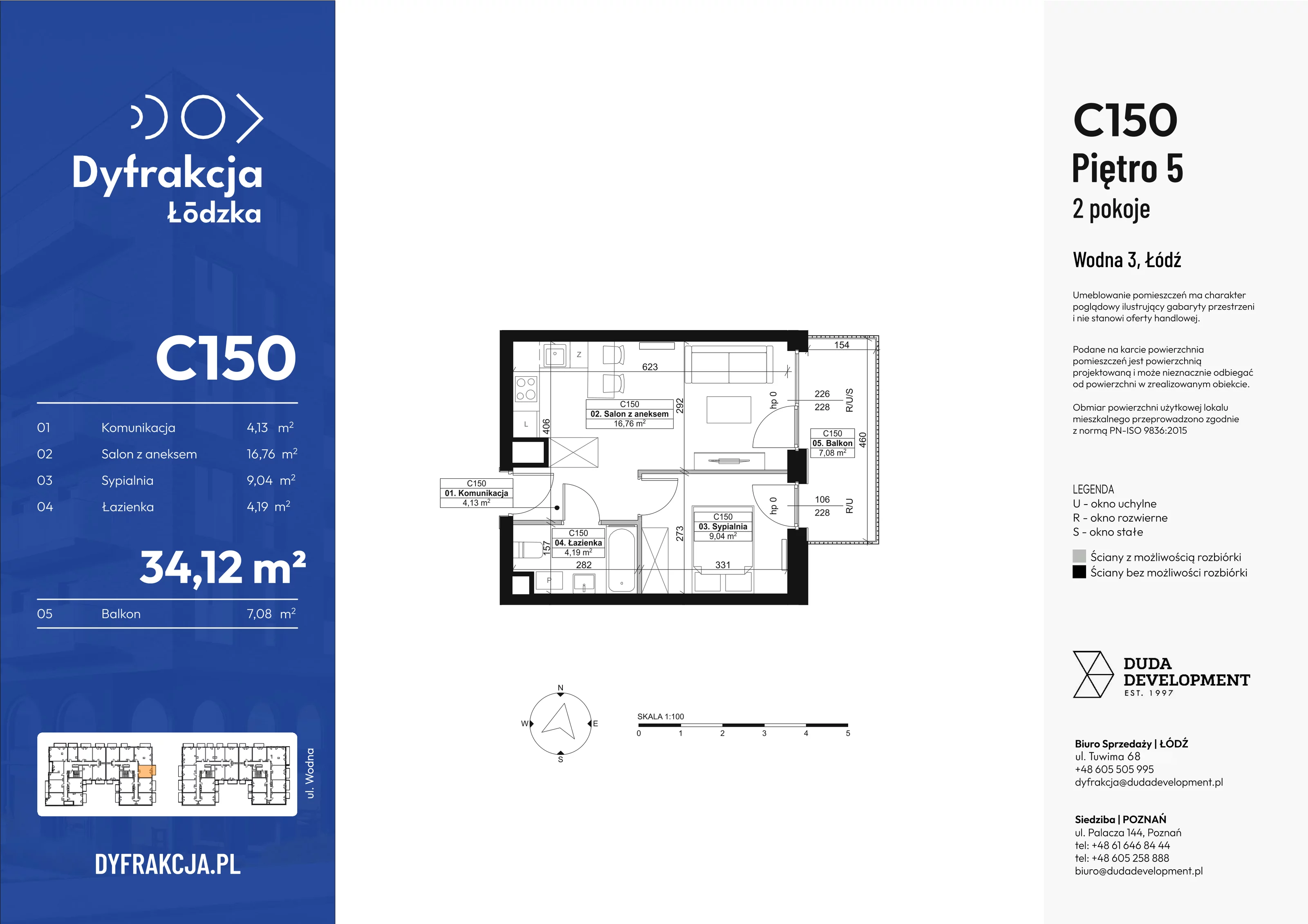 2 pokoje, mieszkanie 34,12 m², piętro 1, oferta nr C150, Dyfrakcja Łódzka, Łódź, Widzew, ul. Wodna 3