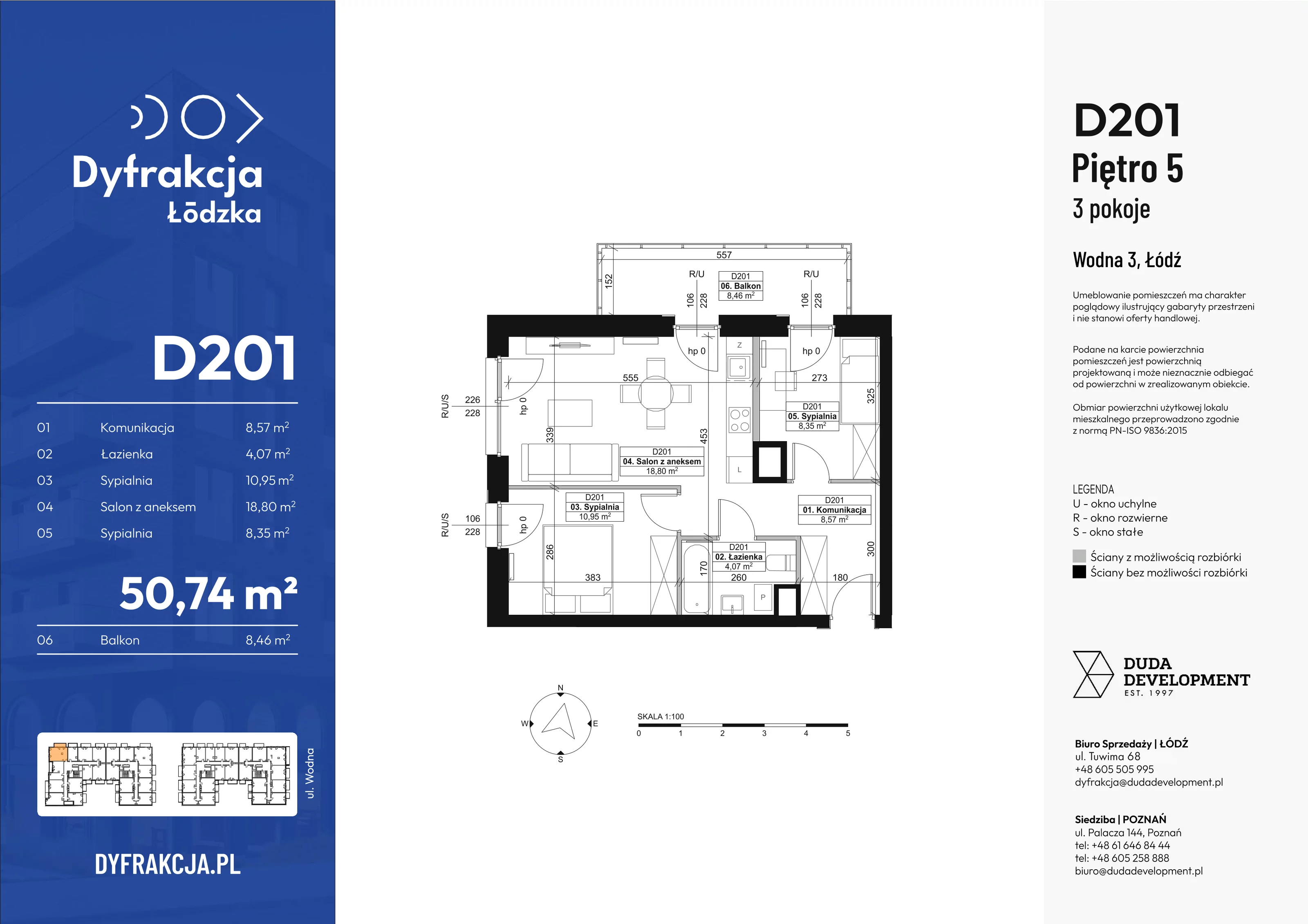 3 pokoje, mieszkanie 50,74 m², piętro 1, oferta nr D201, Dyfrakcja Łódzka, Łódź, Widzew, ul. Wodna 3