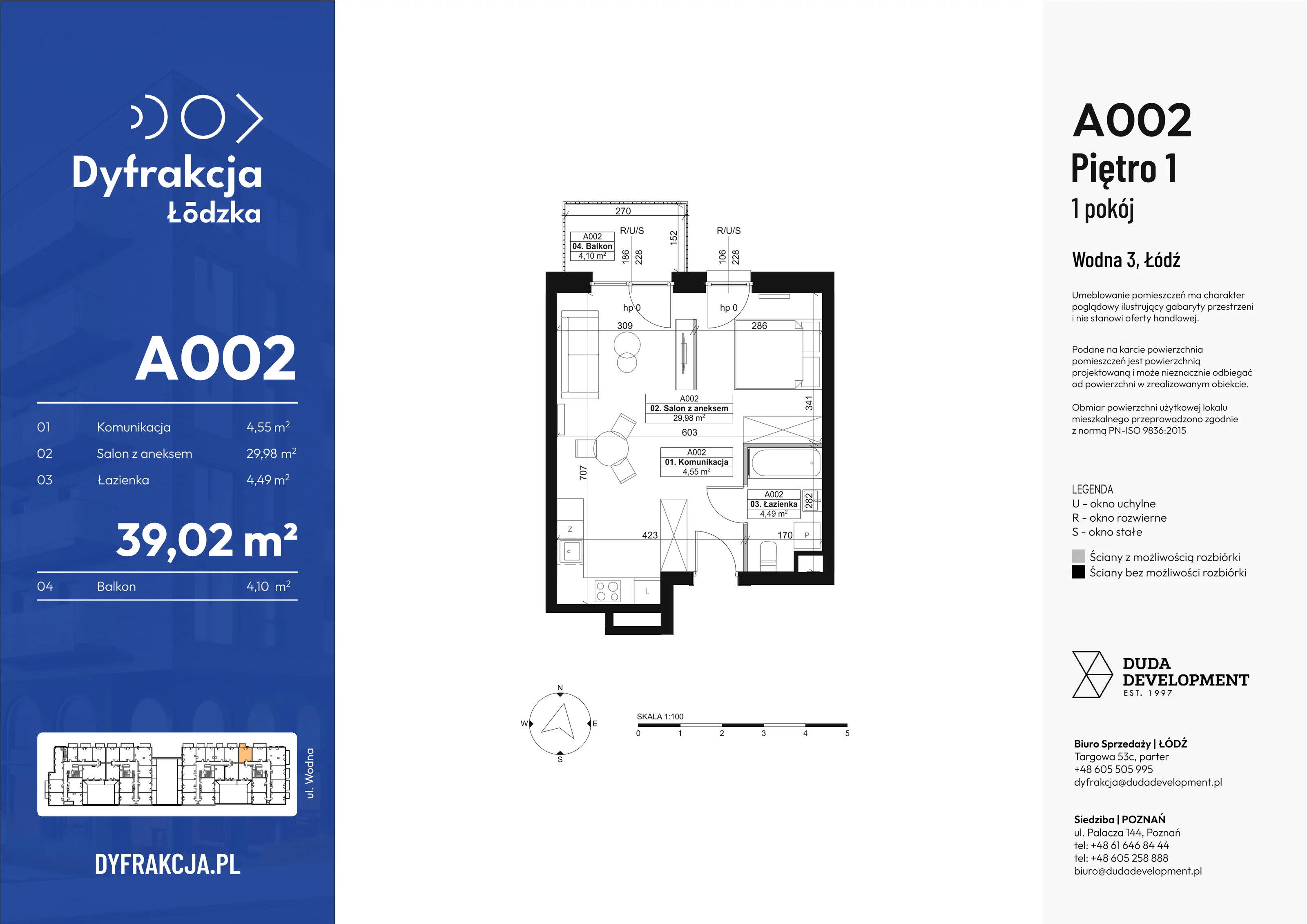 1 pokój, apartament 39,02 m², piętro 1, oferta nr A002, Dyfrakcja Łódzka, Łódź, Widzew, ul. Wodna 3