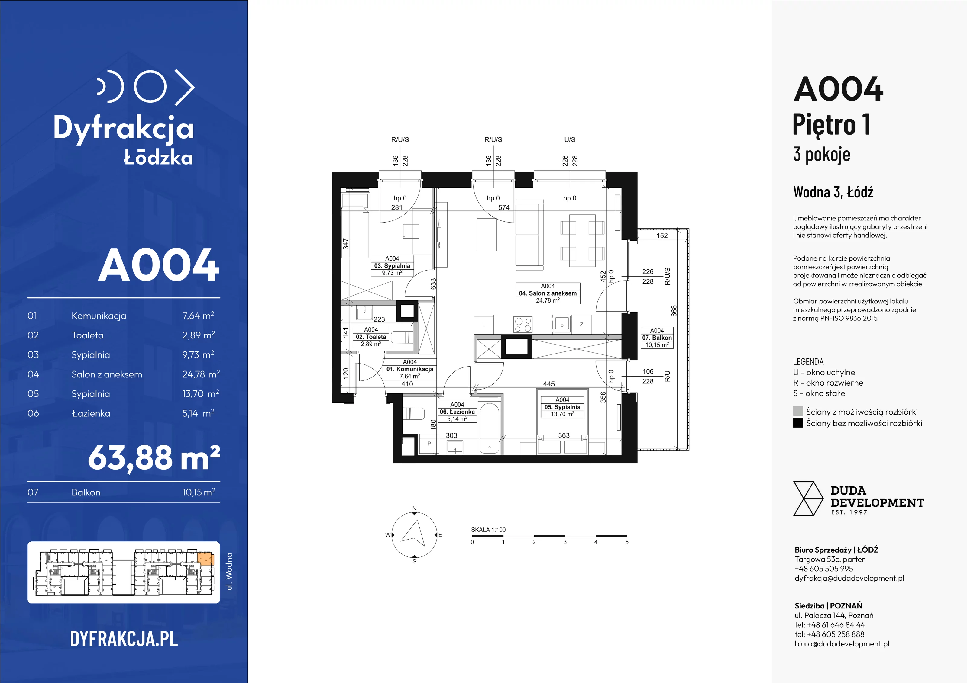 3 pokoje, apartament 63,88 m², piętro 1, oferta nr A004, Dyfrakcja Łódzka, Łódź, Widzew, ul. Wodna 3