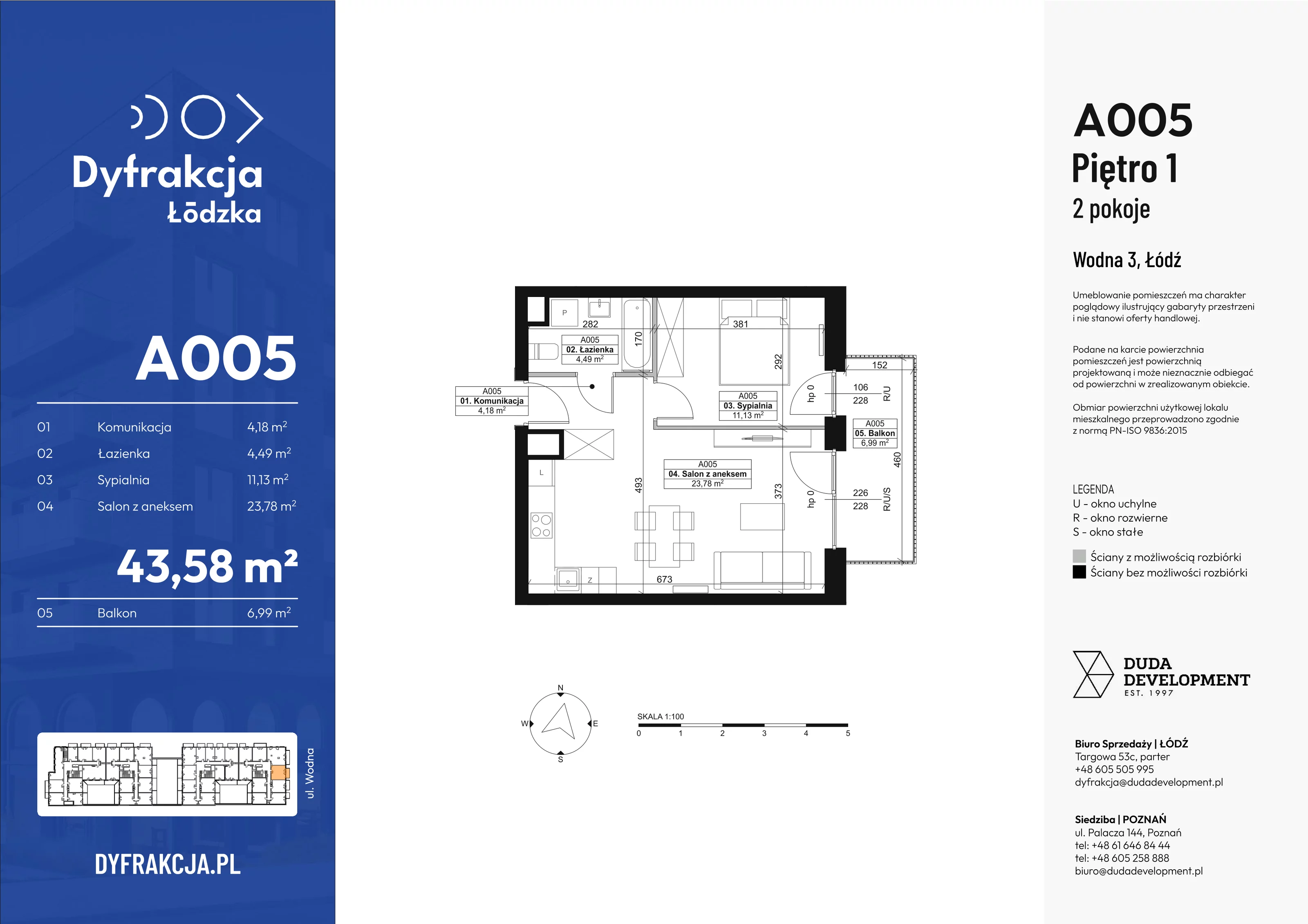 2 pokoje, apartament 43,58 m², piętro 1, oferta nr A005, Dyfrakcja Łódzka, Łódź, Widzew, ul. Wodna 3