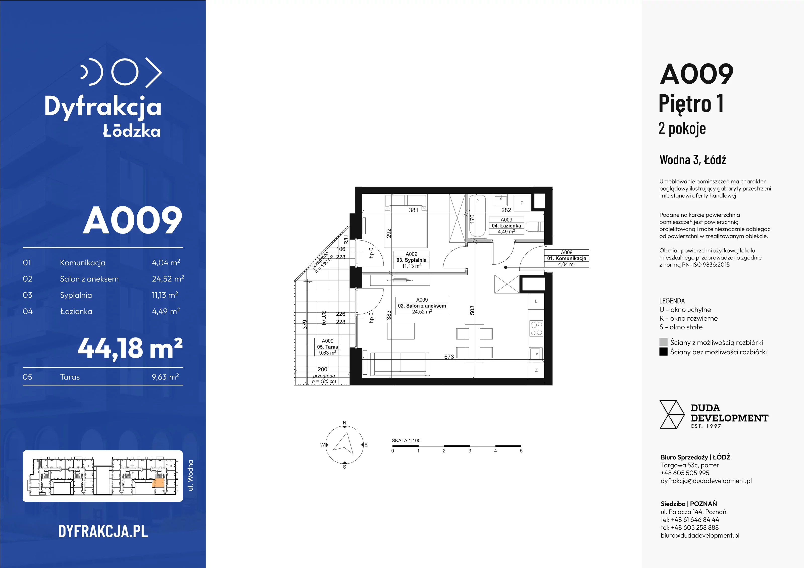 2 pokoje, apartament 44,18 m², piętro 1, oferta nr A009, Dyfrakcja Łódzka, Łódź, Widzew, ul. Wodna 3