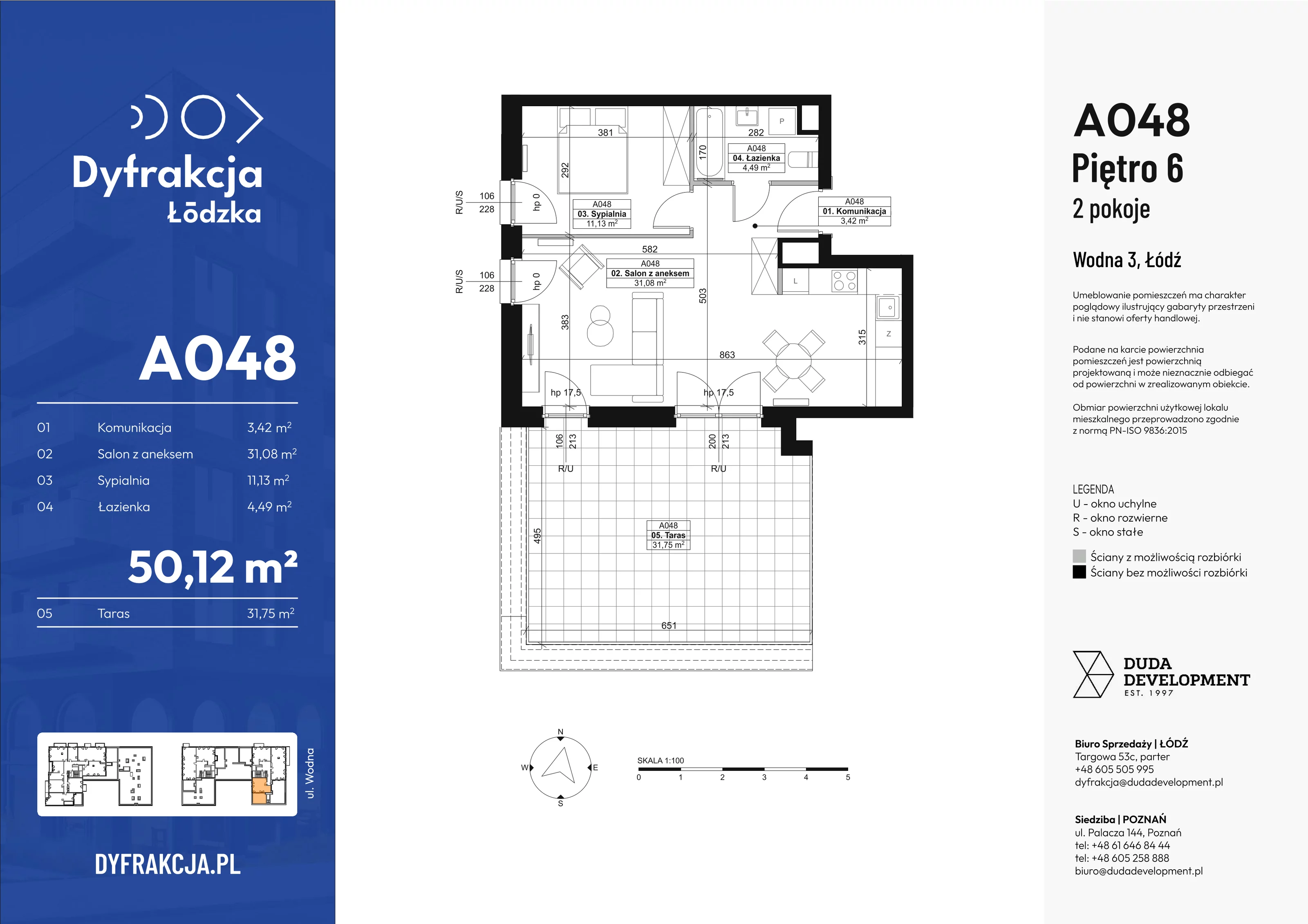 2 pokoje, apartament 50,12 m², piętro 6, oferta nr A048, Dyfrakcja Łódzka, Łódź, Widzew, ul. Wodna 3