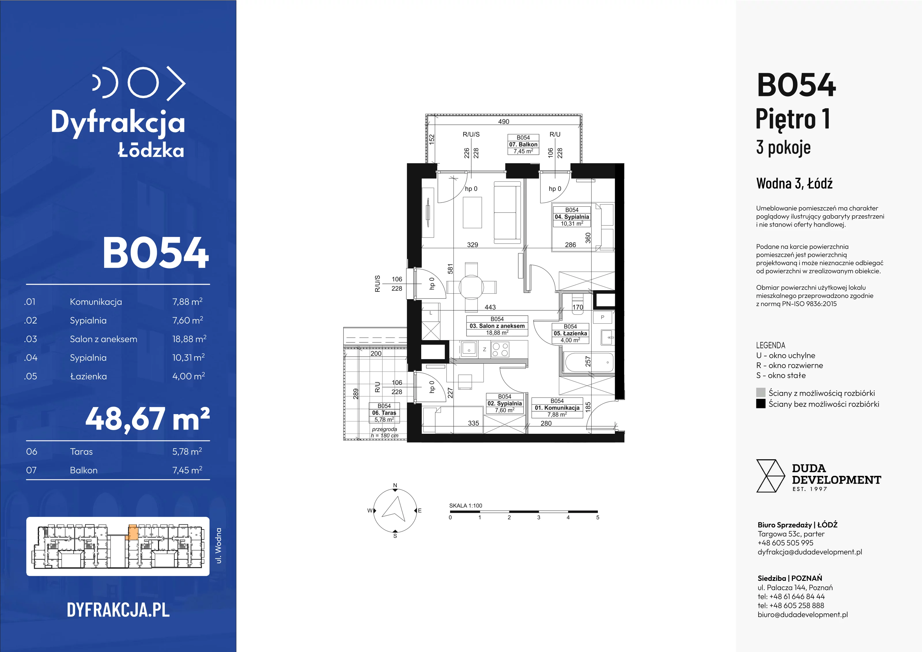 3 pokoje, apartament 48,67 m², piętro 1, oferta nr B054, Dyfrakcja Łódzka, Łódź, Widzew, ul. Wodna 3