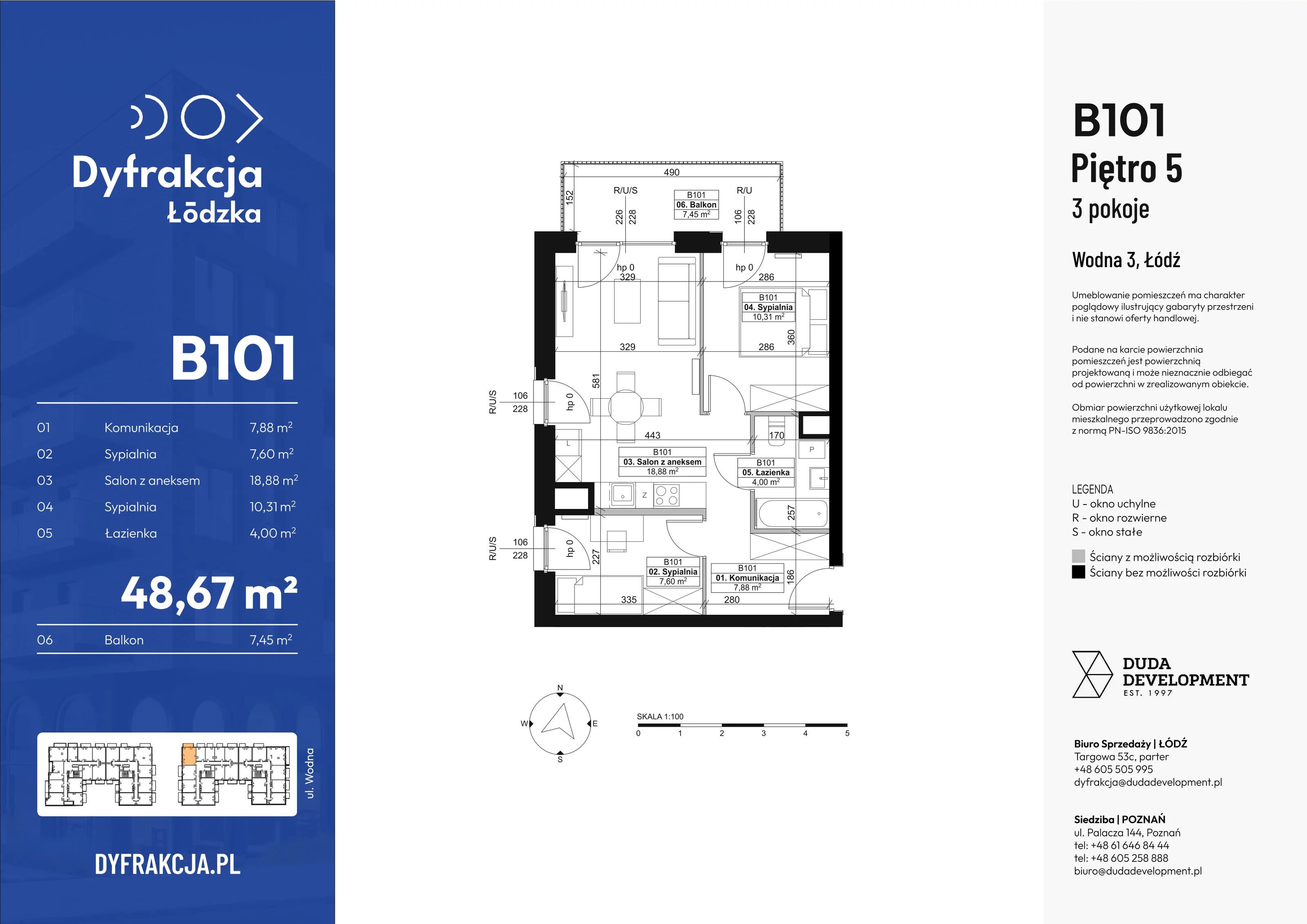 3 pokoje, mieszkanie 48,67 m², piętro 5, oferta nr B101, Dyfrakcja Łódzka, Łódź, Widzew, ul. Wodna 3