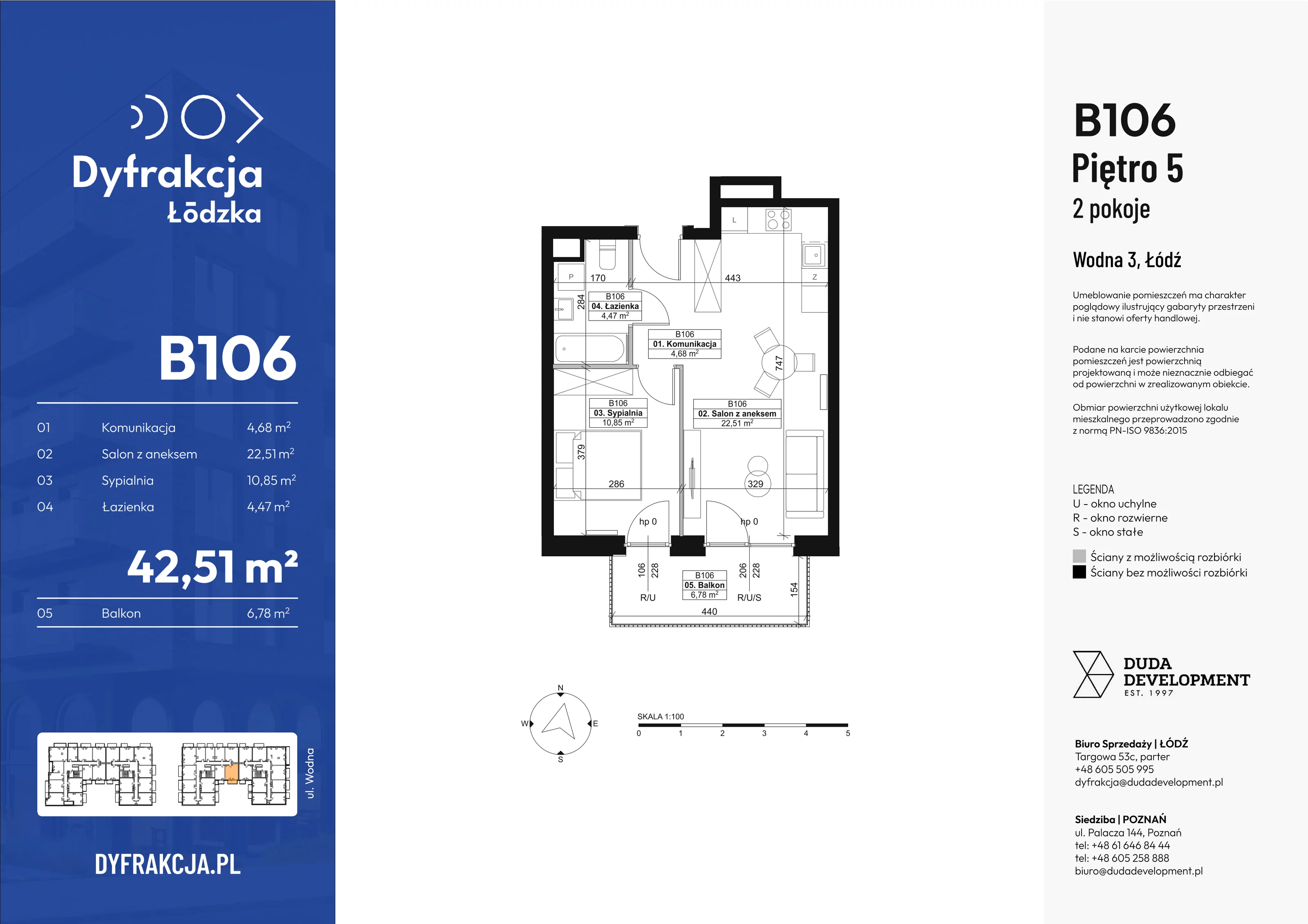 2 pokoje, apartament 42,51 m², piętro 5, oferta nr B106, Dyfrakcja Łódzka, Łódź, Widzew, ul. Wodna 3