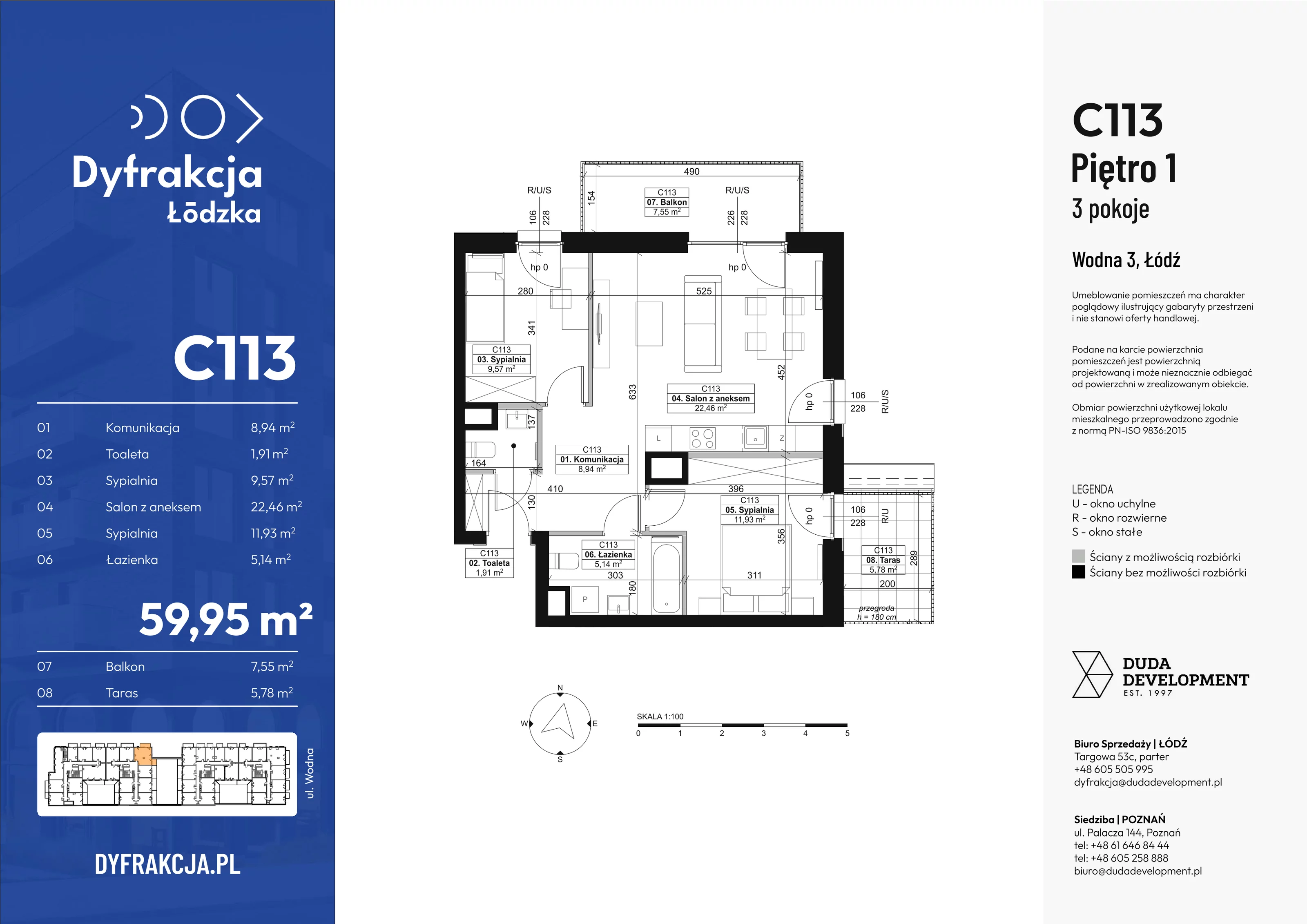 3 pokoje, apartament 59,95 m², piętro 1, oferta nr C113, Dyfrakcja Łódzka, Łódź, Widzew, ul. Wodna 3